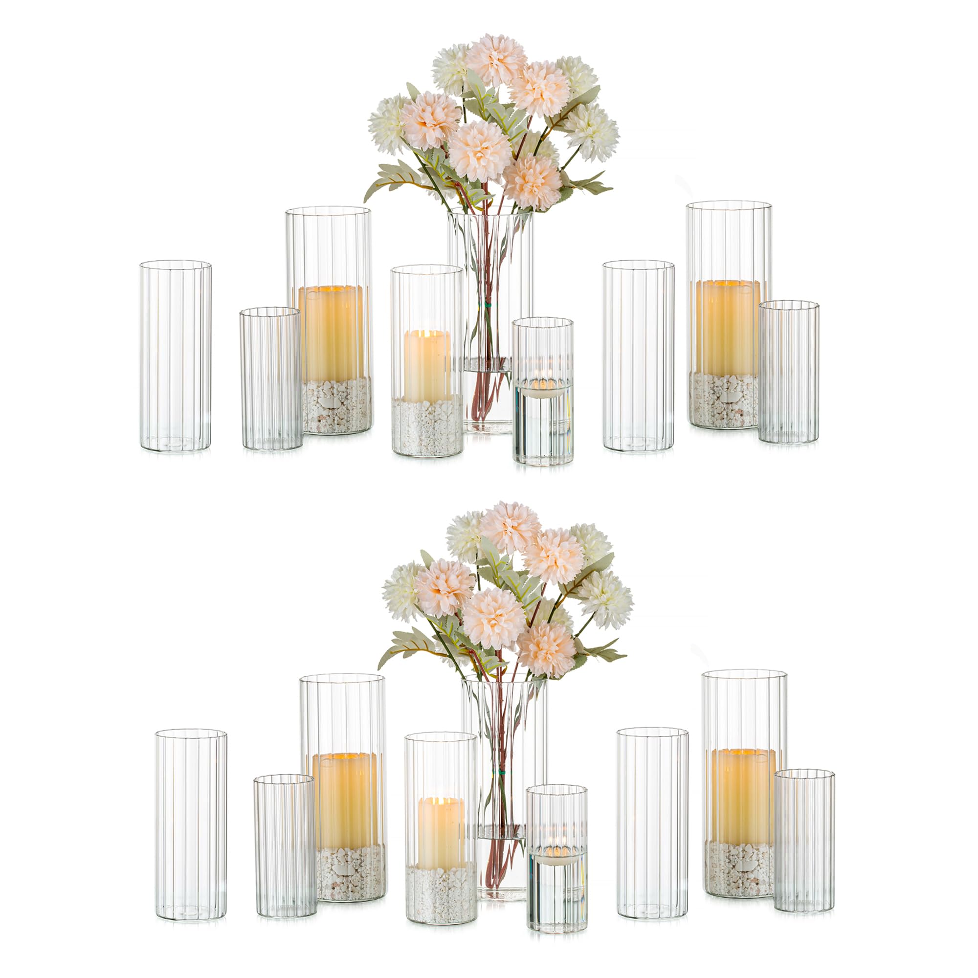 Glasseam Ribbed Glass Candle Holder, Cylinder Candle Holders for Pillar Candles, Clear Hurricane Candle Holder Set of 6, Decorative Floating Candle Vases for Centerpieces Wedding Table Decorations