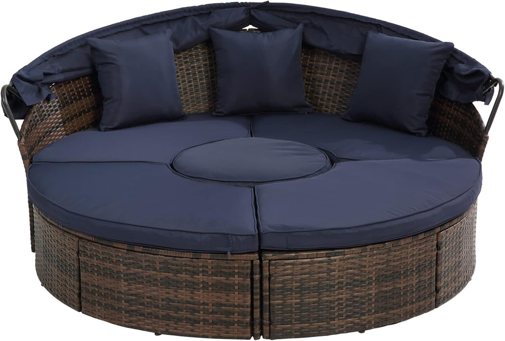 Patio Daybed Outdoor with Canopy, KD Rattan Round Sofa with Thick Cushions Throw Pillows Coffee Table All Weather Wicker Furniture Set for Pool Side Garden Outdoor (Navy Blue)
