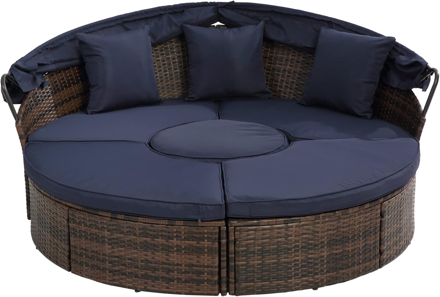 Patio Daybed Outdoor with Canopy, KD Rattan Round Sofa with Thick Cushions Throw Pillows Coffee Table All Weather Wicker Furniture Set for Pool Side Garden Outdoor (Navy Blue)