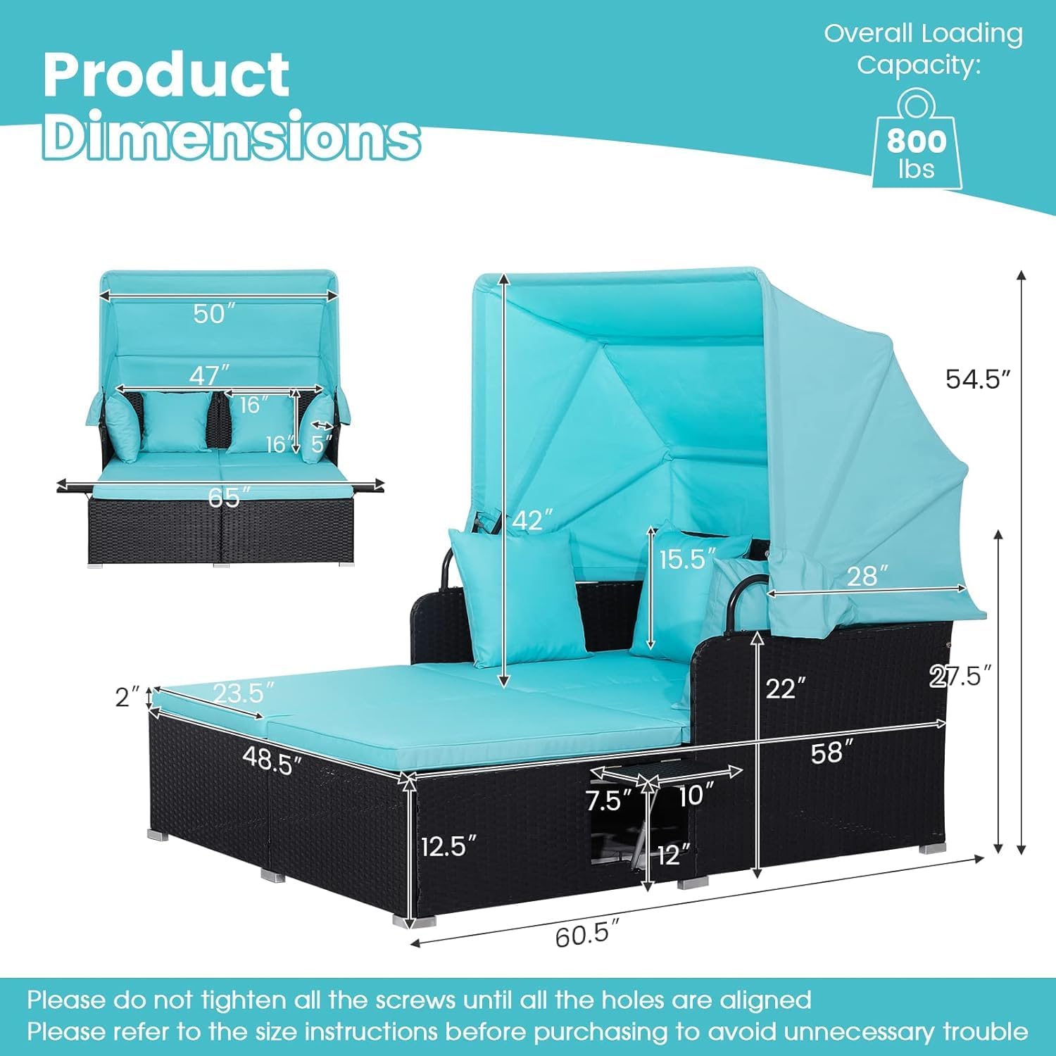 COSTWAY Outdoor Daybed with Retractable Canopy, Wicker Patio Furniture Set with Cushioned Pillows, Patio Rattan Daybed for Deck, Backyard, Poolside (Turquoise)