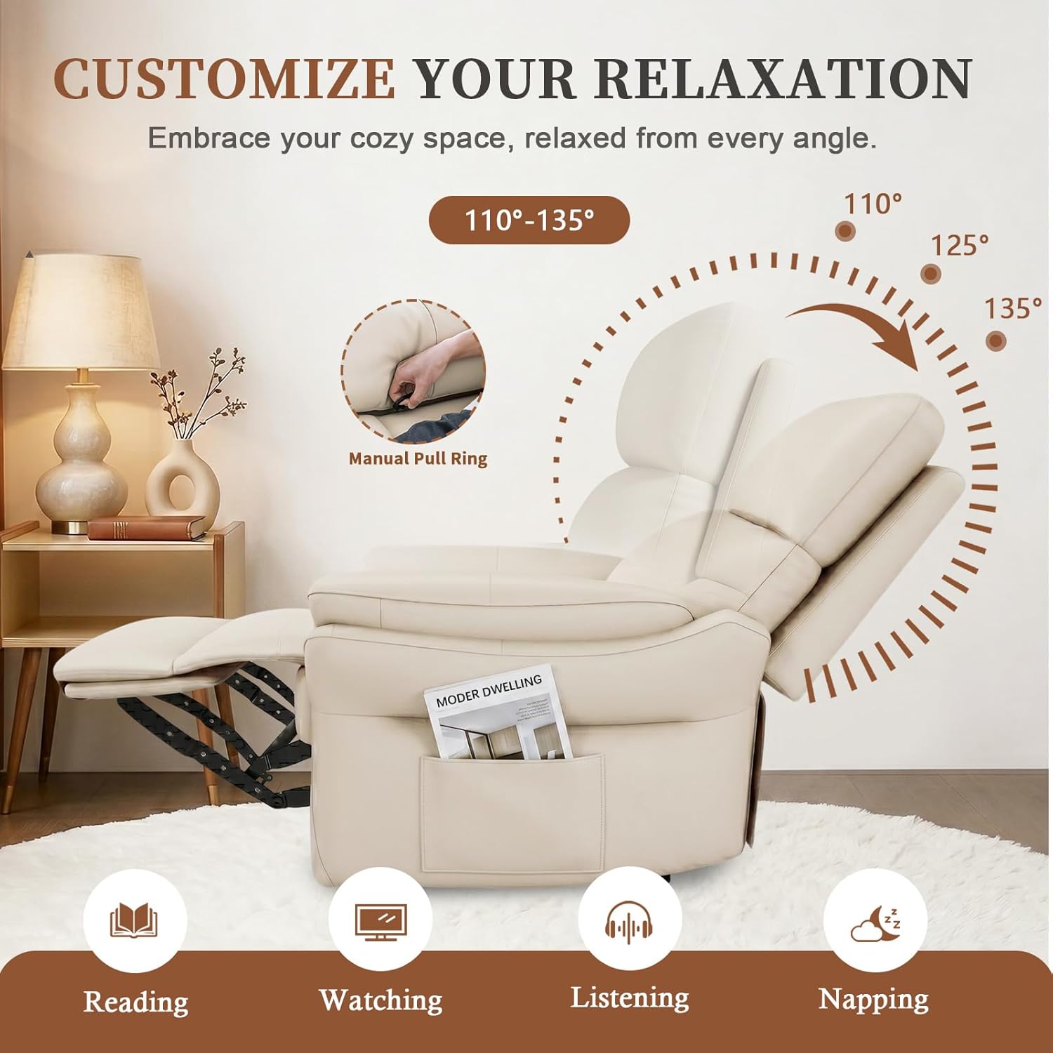 AIRSKY Genuine Leather Recliner Chair, The Recliner Chairs for Adults Made from Top-Grain Leather, Cold-Region Larch Wood Theater Seating, Bedroom, R1,Beige/Orangish Yellow (Beige, 22.8")