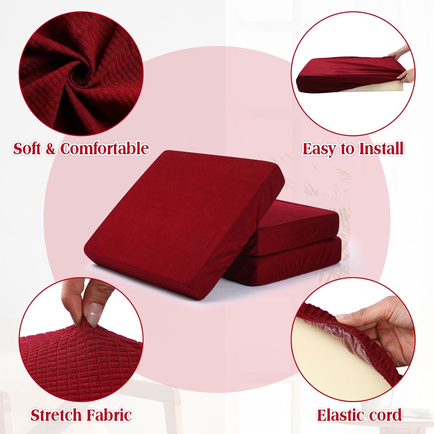 Newwiee 8 Patio Stretch Sofa Cushion Covers Outdoor Cushion Covers Replacement Couch Slipcovers Sofa Seat Cover Soft Chair Cover Furniture Protector for Pet (Wine Red)