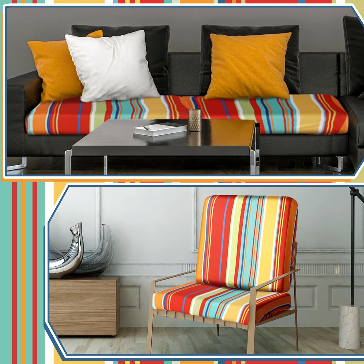 Geyoga 8 Pcs Patio Stretch Sofa Cushion Covers Outdoor Cushion Covers Replacement Waterproof Patio Furniture Couch Slipcovers Washable Chair Seat Soft Flexibility Protector, Rainbow Stripes Style