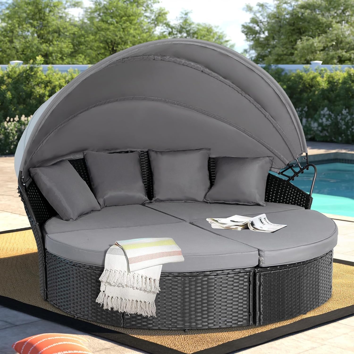 Outdoor Furniture Patio Round Daybed with Retractable Canopy, Black Wicker Clamshell Sectional Seating with Cushions for Patio, Backyard, or Porch, Pool Round Bed (Brown)