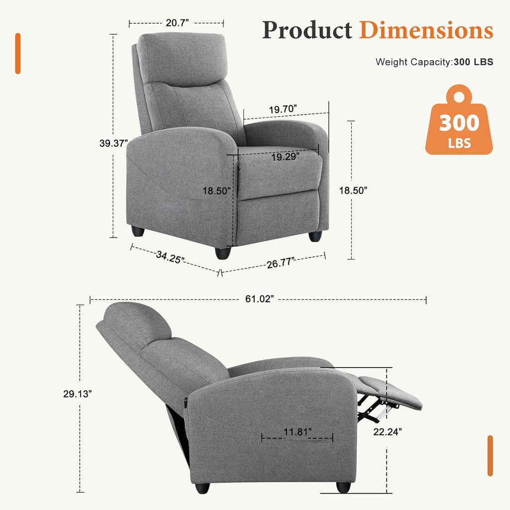 Sweetcrispy Recliner Chair Fabric Recliner Sofa No Massage, Home Theater Seating with Lumbar Support, Adjustable Push Back Overstuffed High-Density Sponge Reclining for Living Room, Slate Gray