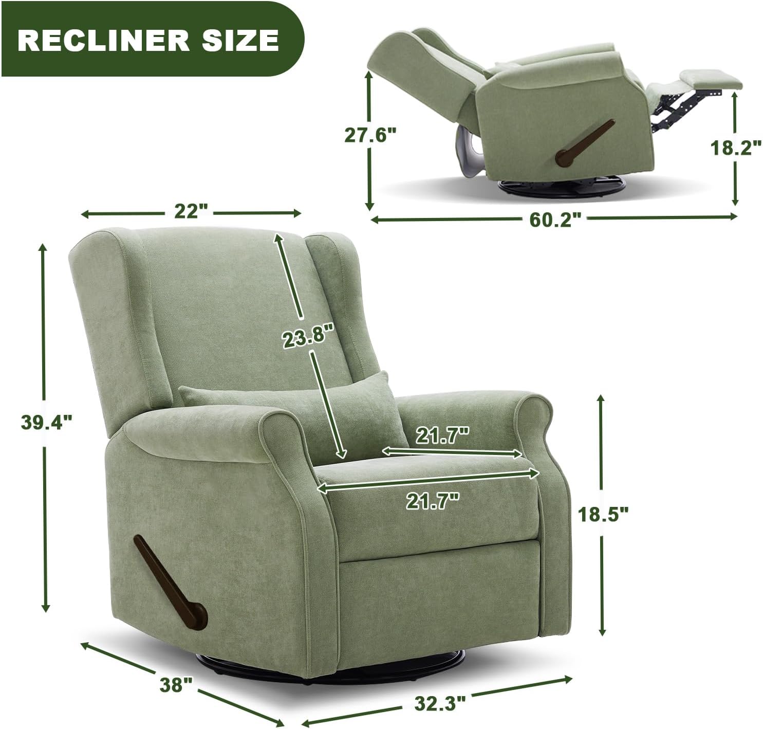 Green Nursery Swivel Glider Recliner with Footrest, Rocking Chair for Home