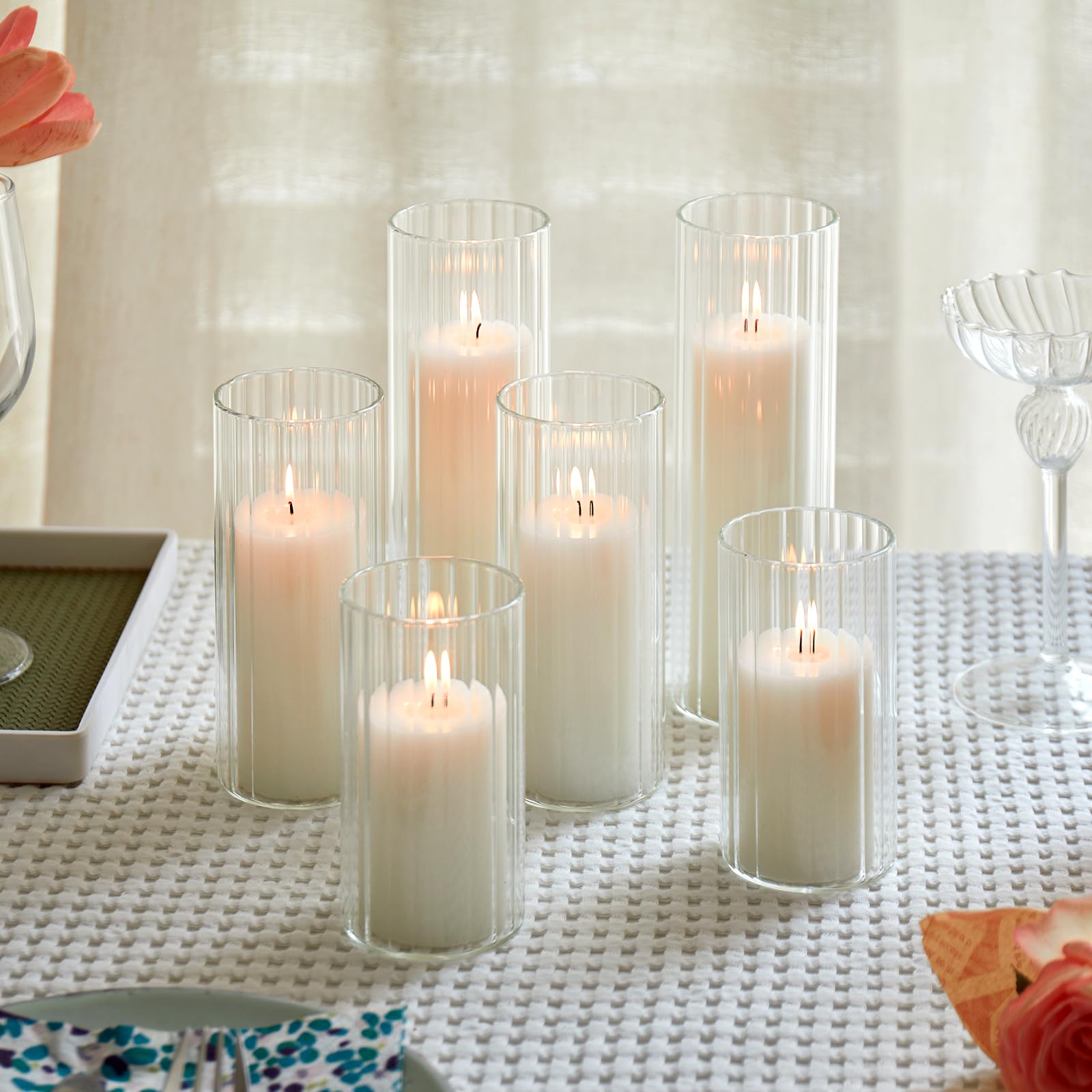 Set of 6 White Pillar Candles with Clear Glass Hurricane Holders- Elegant Cylinder Candle Vases for Weddings, Parties, Centerpieces, Home & Office Decor (White, 6 Set)