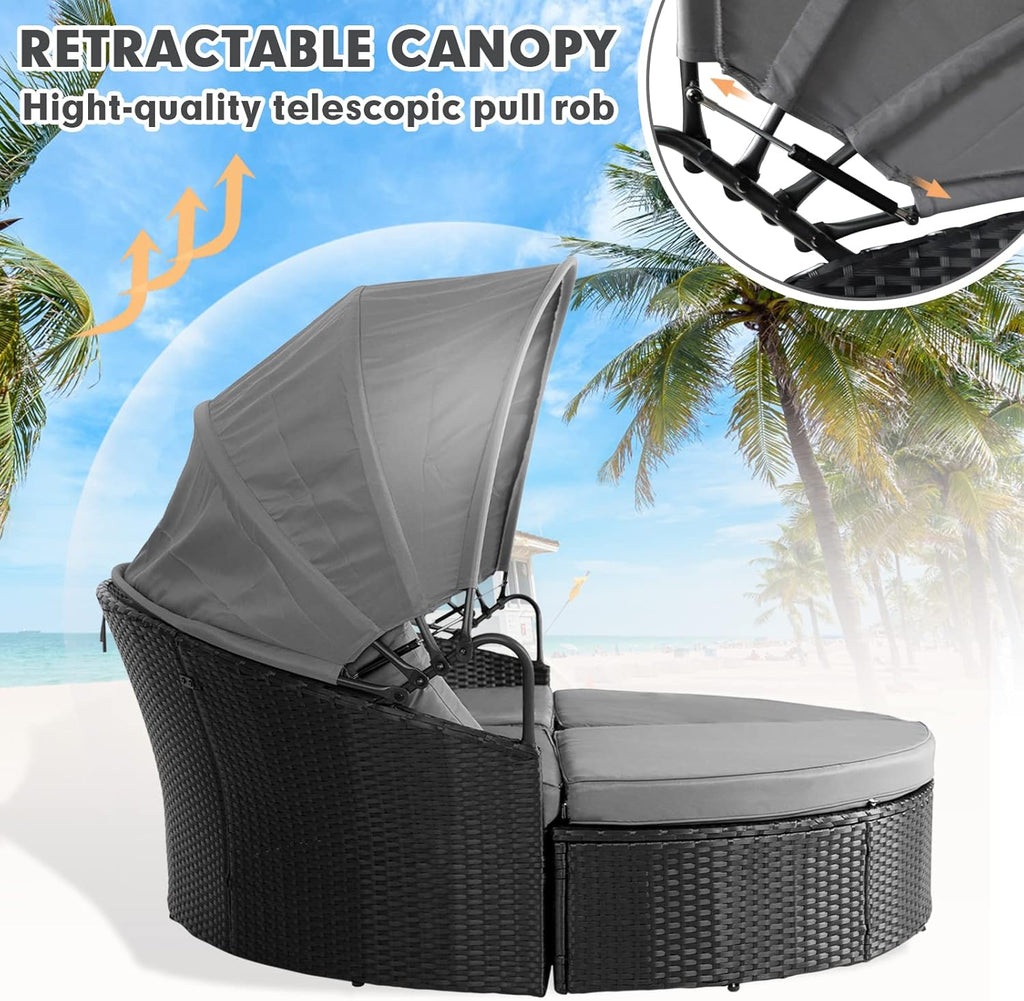 SUNCROWN Outdoor Patio Round Daybed with Retractable Canopy, Wicker Furniture Clamshell Sectional Seating with Washable Cushions, Backyard,Porch,Poolside,Deck, Black