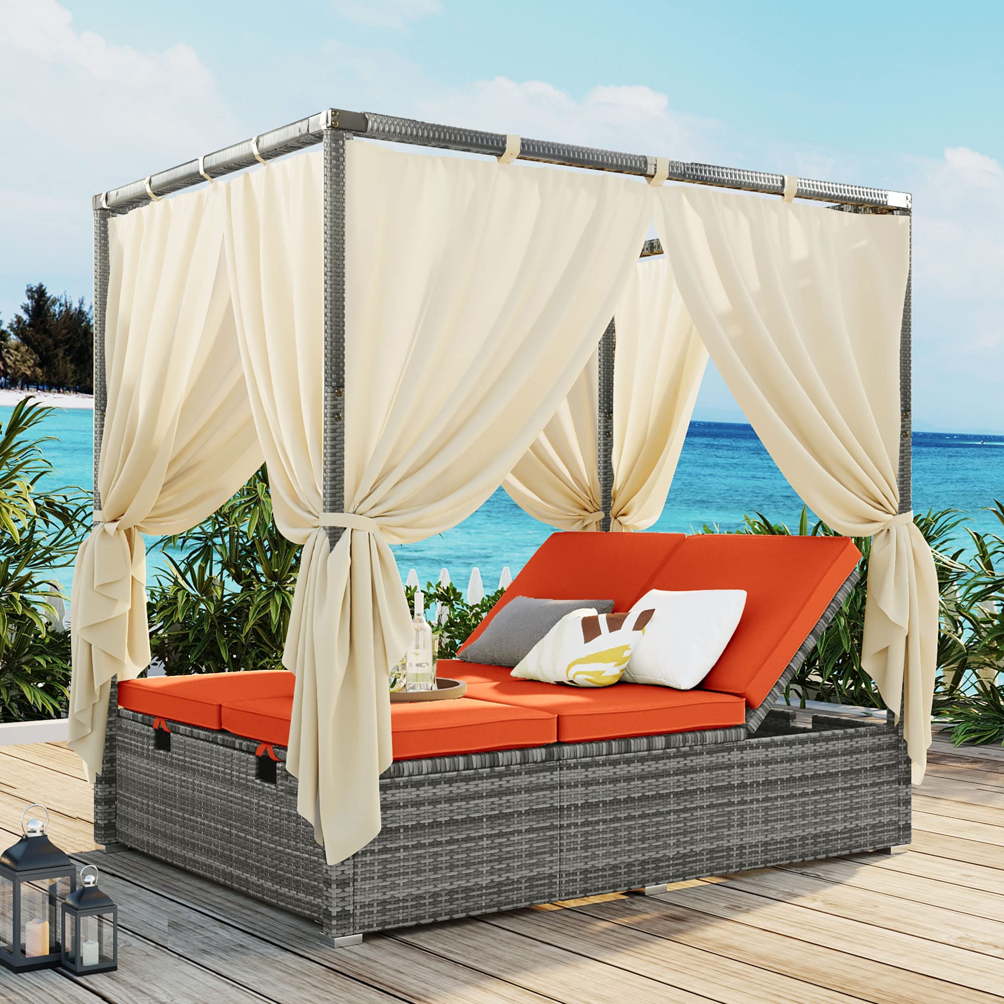VilroCaz Outdoor Rattan Daybed Patio Wicker Sunbed with Canopy/Overhead Curtains/Cushions, Wicker Patio Sofa Set with Adjustable Seats for Lawn Garden Backyard Poolside (Beige Cushions)
