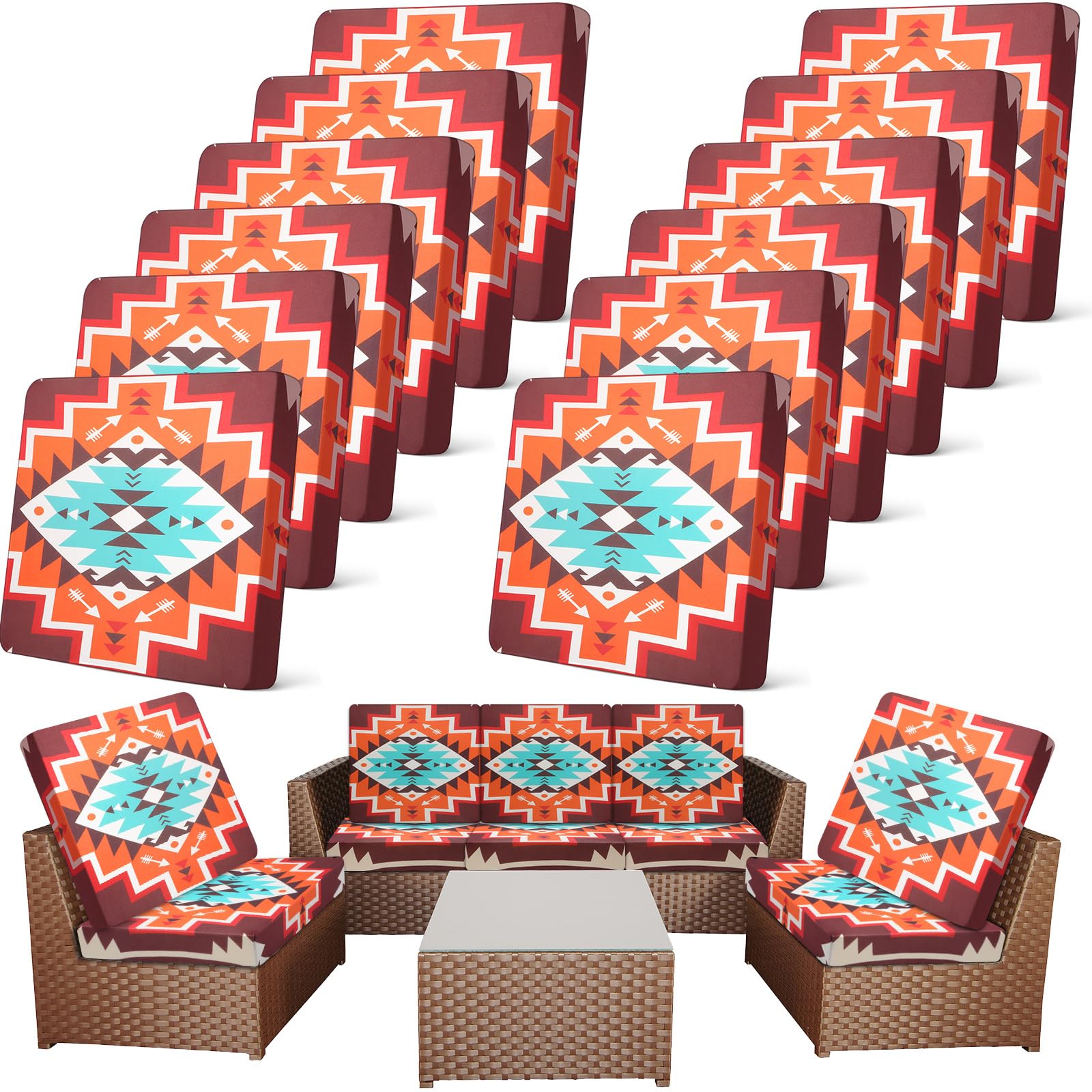 Newwiee 12 Pcs Patio Cushion Covers Outdoor Stretch Sofa Couch Cover Replacement Couch Slipcover Sofa Seat Chair Porch Patio Furniture Protector, Flexibility Washable(Colorful,Palm Leaf)
