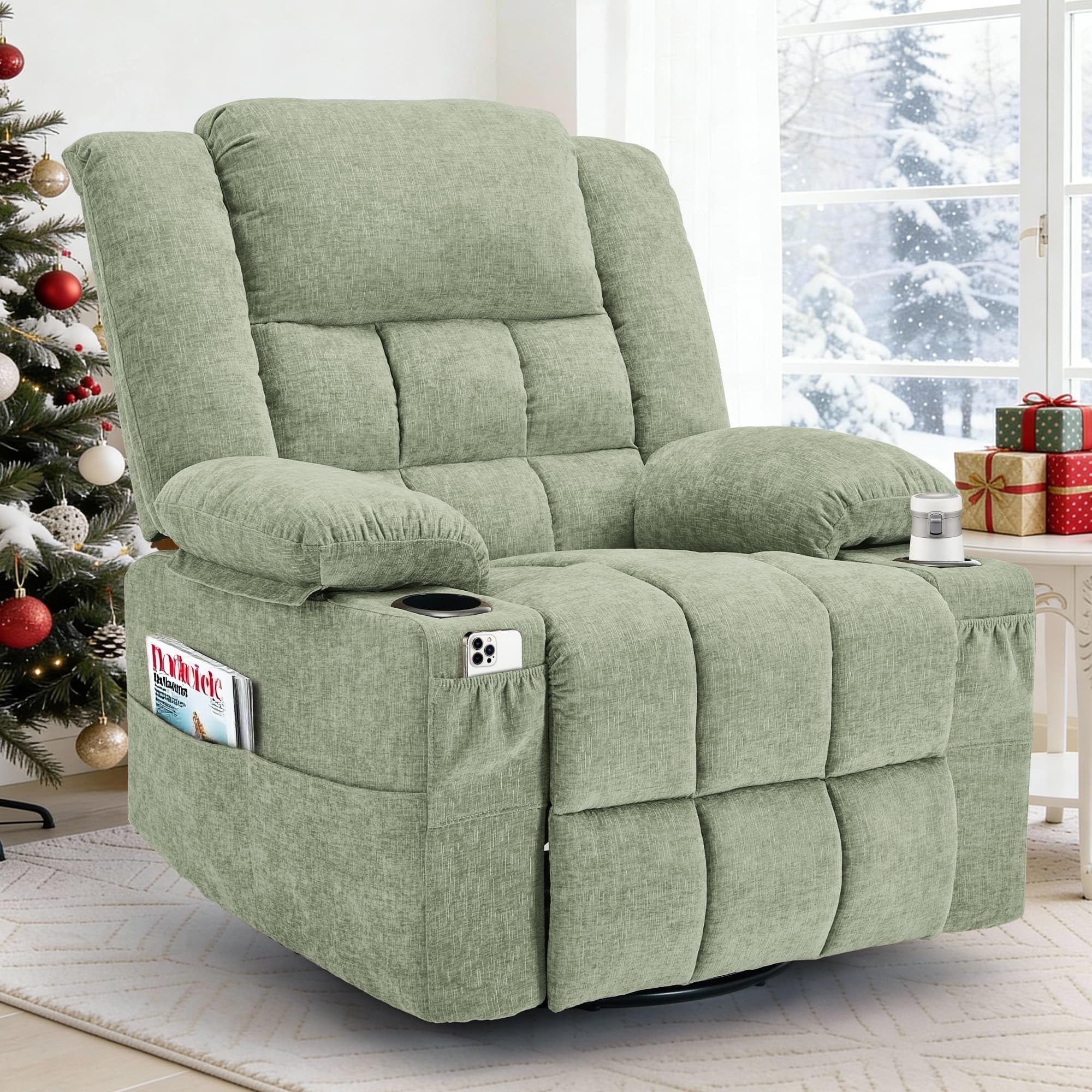 Korser 360° Swivel Rocker Recliner for Adults, Nursery Glider Recliner with Massage and Heating, Rocking Chair with Cup Holder, Manual Recliner Chair for Living Room, Bedroom (Fabric, Dark Gray)