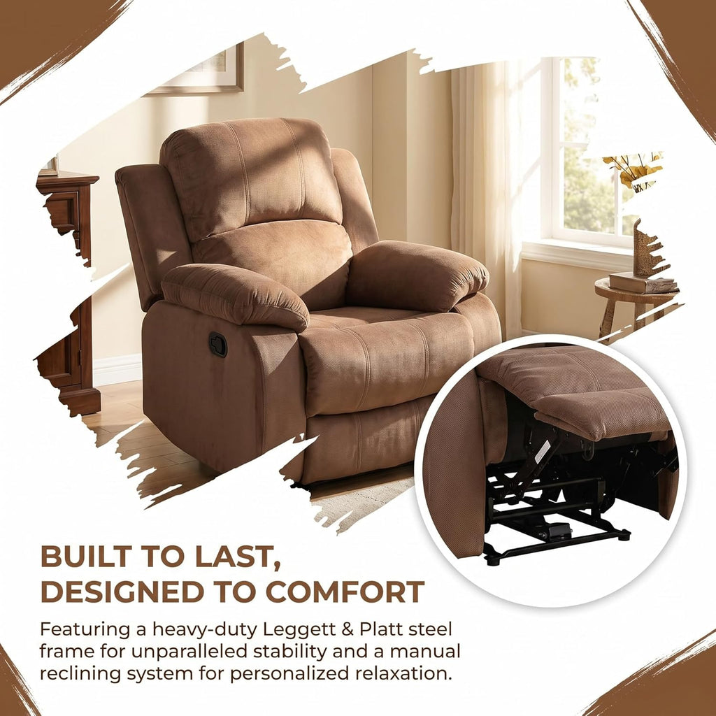 Manual Recliner Chair, Nursery Rocking Chair, Velvet Recliner Chair for Adults, Lazy Boy, Gaming Recliner wih Overstuffed Arms, Suitable for Home Theater, Living Room, Bedroom, Brown