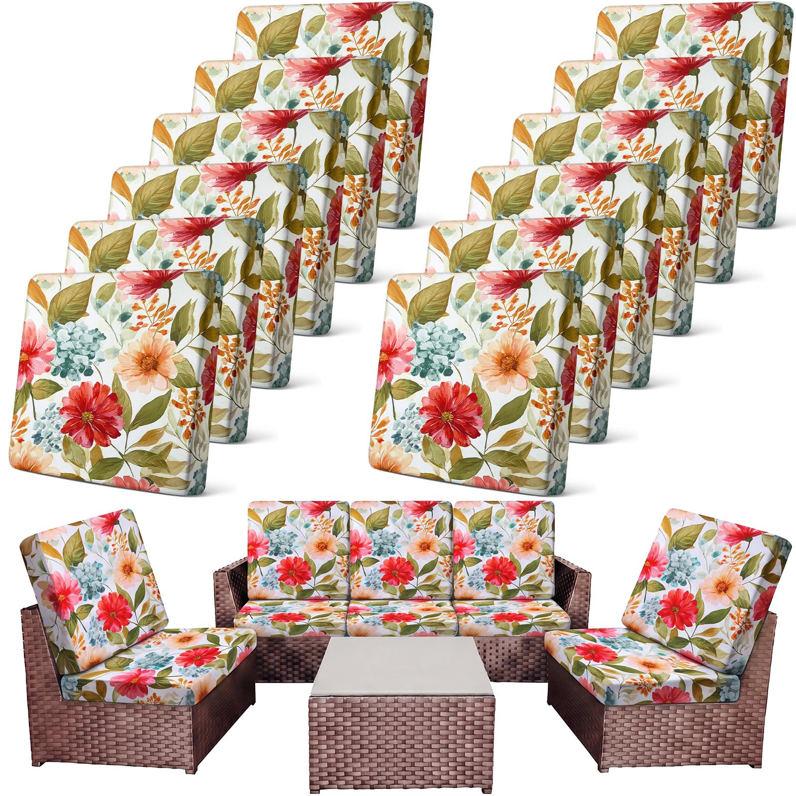 Newwiee 12 Pcs Patio Cushion Covers Outdoor Stretch Sofa Couch Cover Replacement Couch Slipcover Sofa Seat Chair Porch Patio Furniture Protector, Flexibility Washable(Colorful,Palm Leaf)