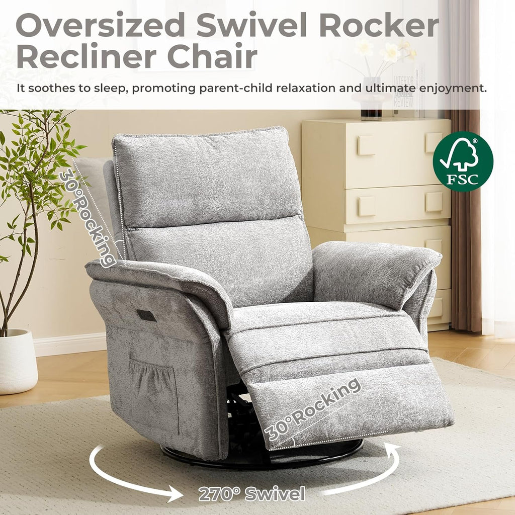 Oversized Power Recliner Chair Swivel Glider with Massage and Heat, Rocker Nursery Recliner for Adults with Adjustable Headrest, 26" Extra Wide Nursery Chair with Overstuffed Armrest,Light Grey