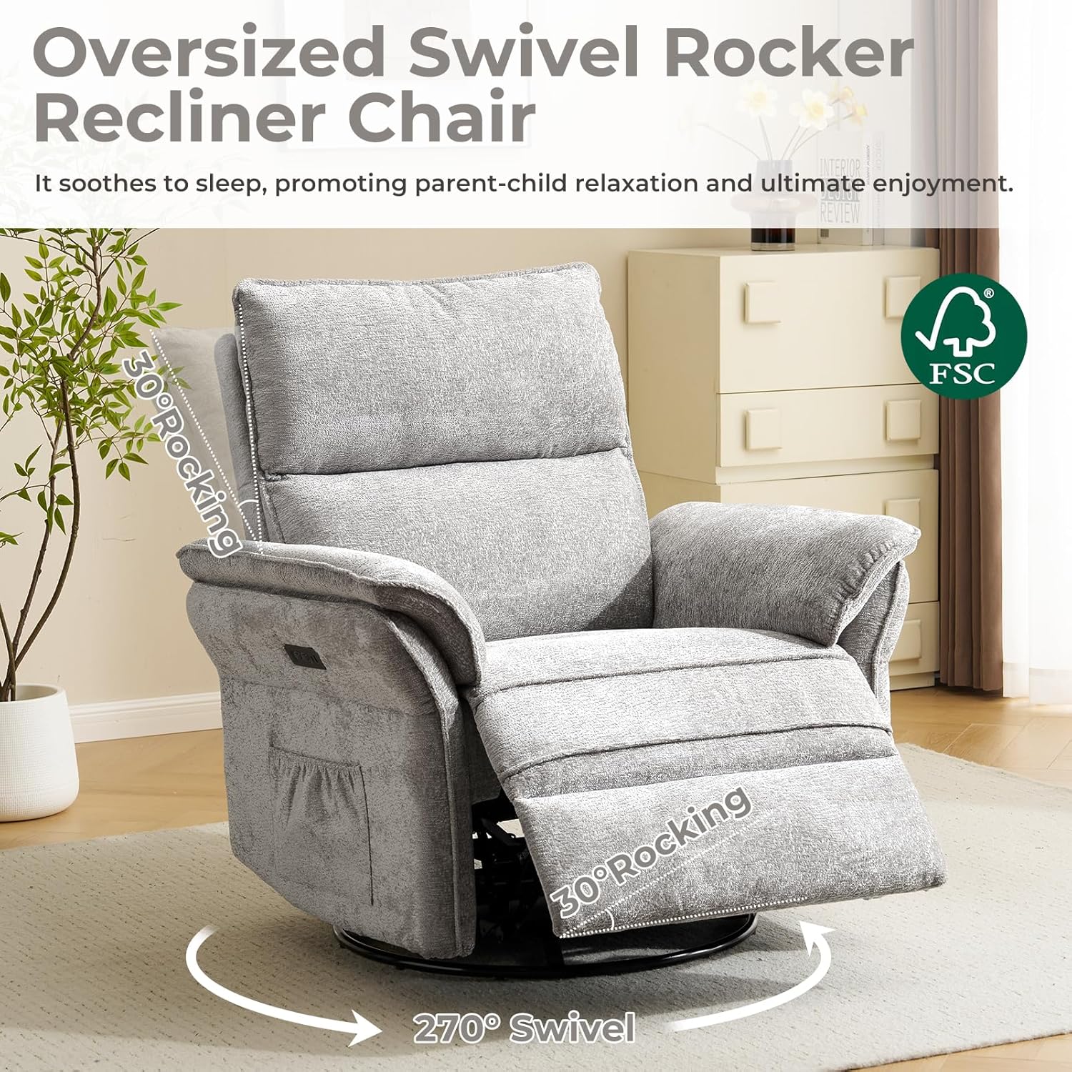 Oversized Power Recliner Chair Swivel Glider with Massage and Heat, Rocker Nursery Recliner for Adults with Adjustable Headrest, 26" Extra Wide Nursery Chair with Overstuffed Armrest,Light Grey
