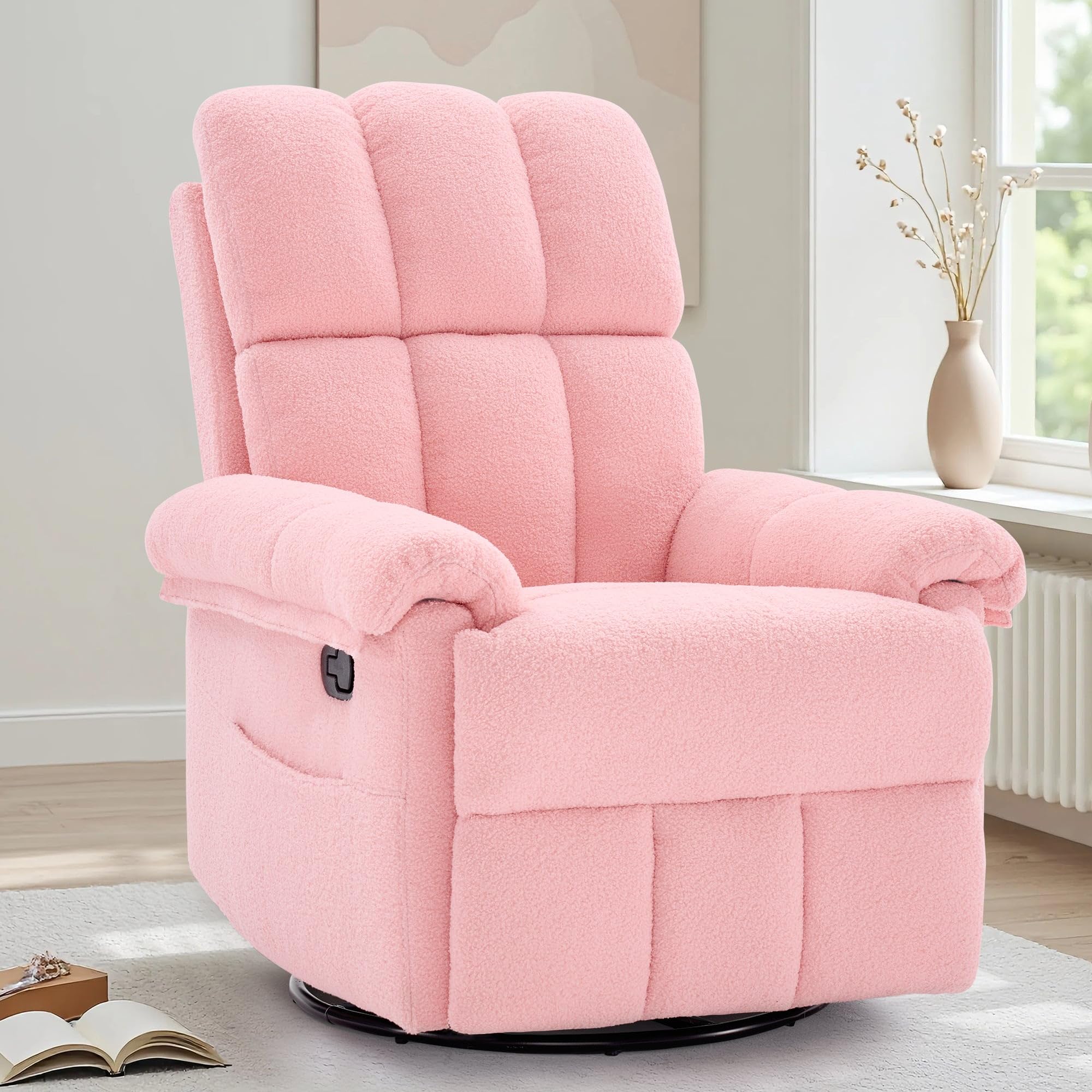 Korser Recliner Chair, Swivel Rocker Recliner Chair for Adults, Small Recliners for Small Spaces, Upholstered Manual Recliner with Side Pockets, Nursery Rocking Chair for Living Room, Chenille, Beige