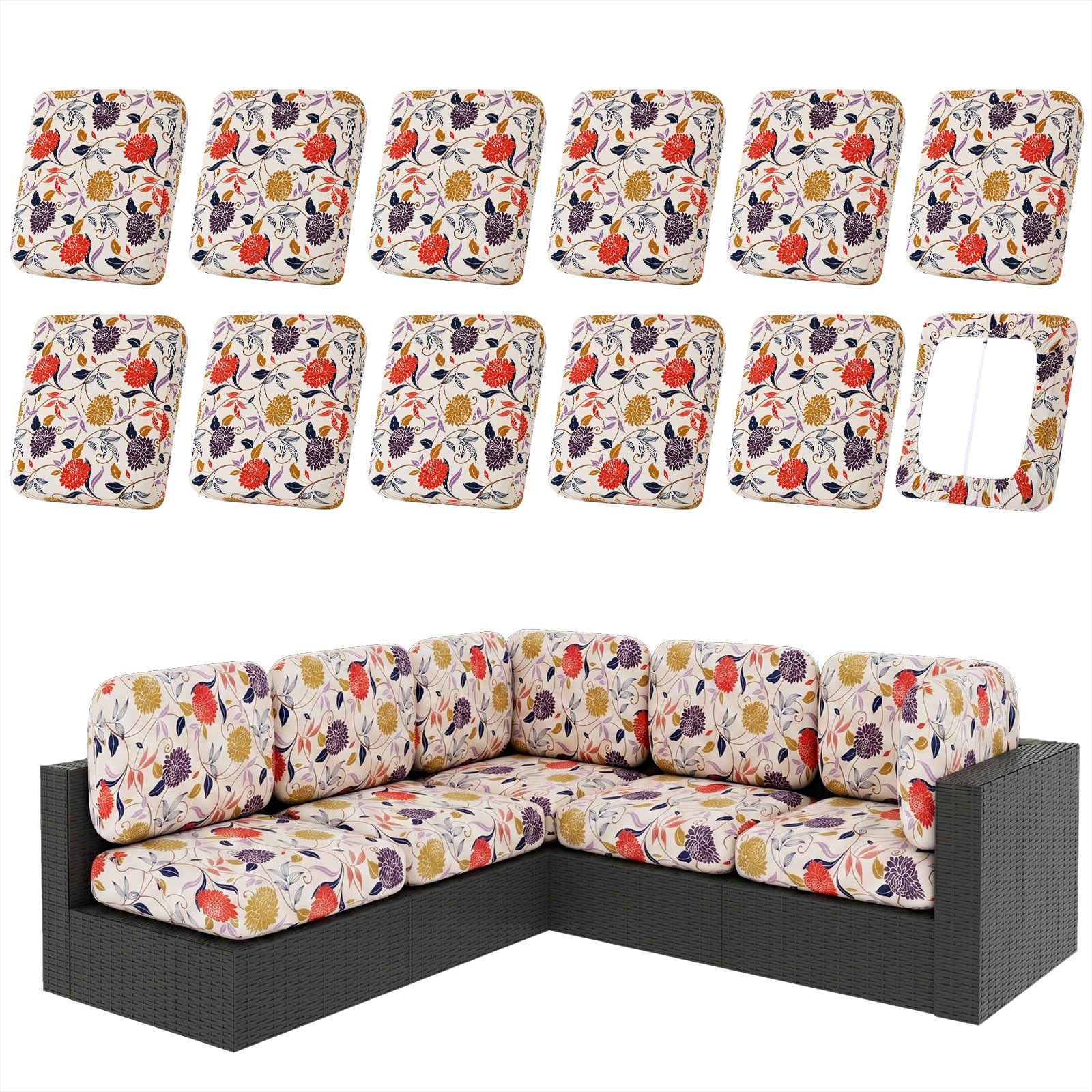 hyha 8Pcs Patio Cushion Covers, Stretch Outdoor Couch Cushion Covers Replacement, Washable Outdoor Chair/Sofa Slipcovers for Patio Furniture Cushions Protector with Elastic Bottom(Floral,Cover Only)