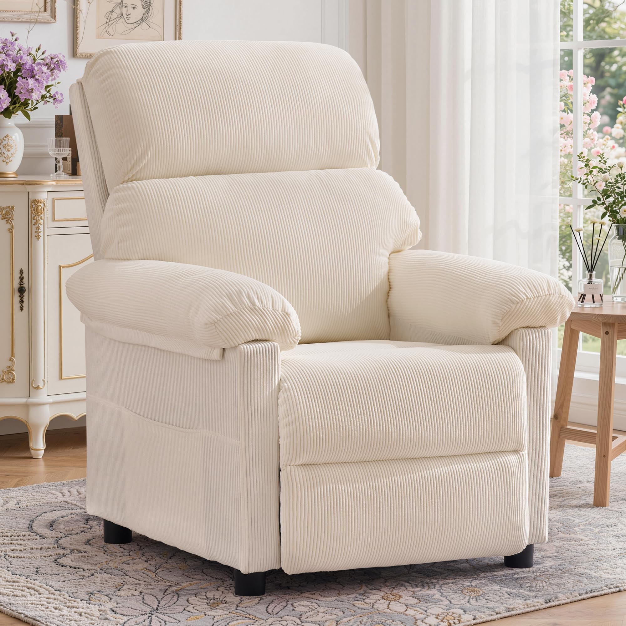 Korser Recliner Chair, Living Room Recliner Chairs for Adults, Small Recliners for Small Spaces, Upholstered Manual Reading Chair with Side Pockets, Nursery Chair for Living Room, Corduroy, Beige