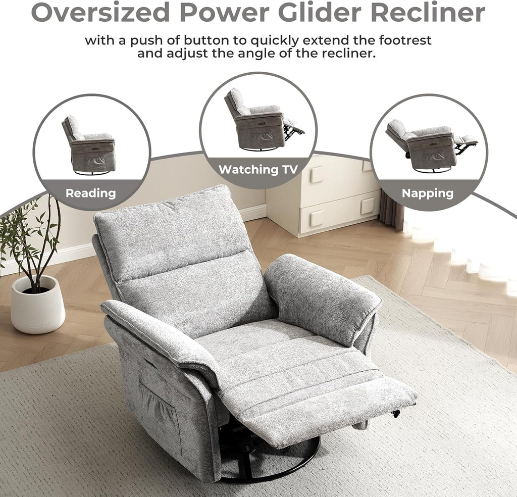 Oversized Power Recliner Chair Swivel Glider with Massage and Heat, Rocker Nursery Recliner for Adults with Adjustable Headrest, 26" Extra Wide Nursery Chair with Overstuffed Armrest,Light Grey