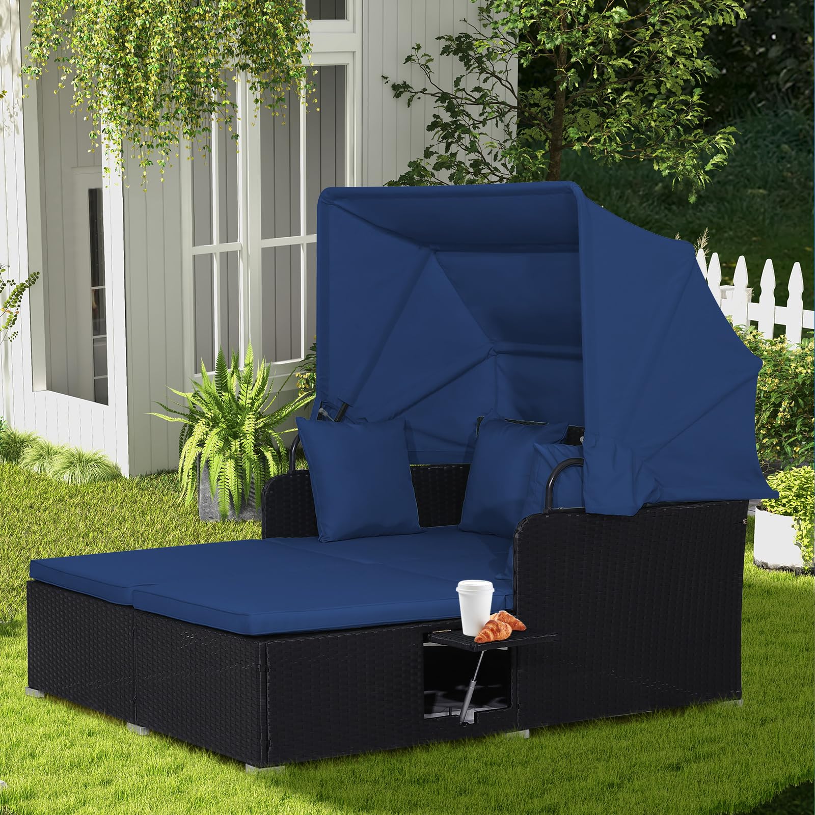 COSTWAY Outdoor Daybed with Retractable Canopy, Wicker Patio Furniture Set with Cushioned Pillows, Patio Rattan Daybed for Deck, Backyard, Poolside (Turquoise)