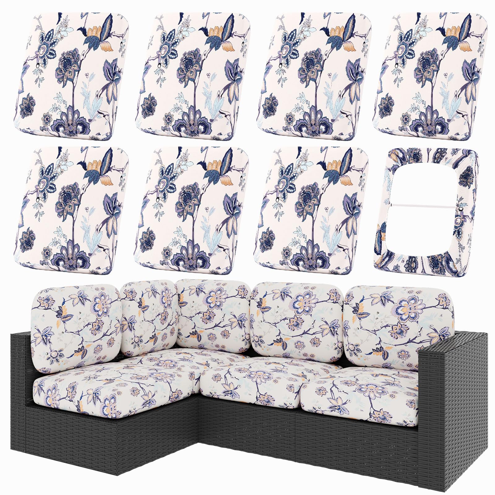 hyha 8Pcs Patio Cushion Covers, Stretch Outdoor Couch Cushion Covers Replacement, Washable Outdoor Chair/Sofa Slipcovers for Patio Furniture Cushions Protector with Elastic Bottom(Floral,Cover Only)