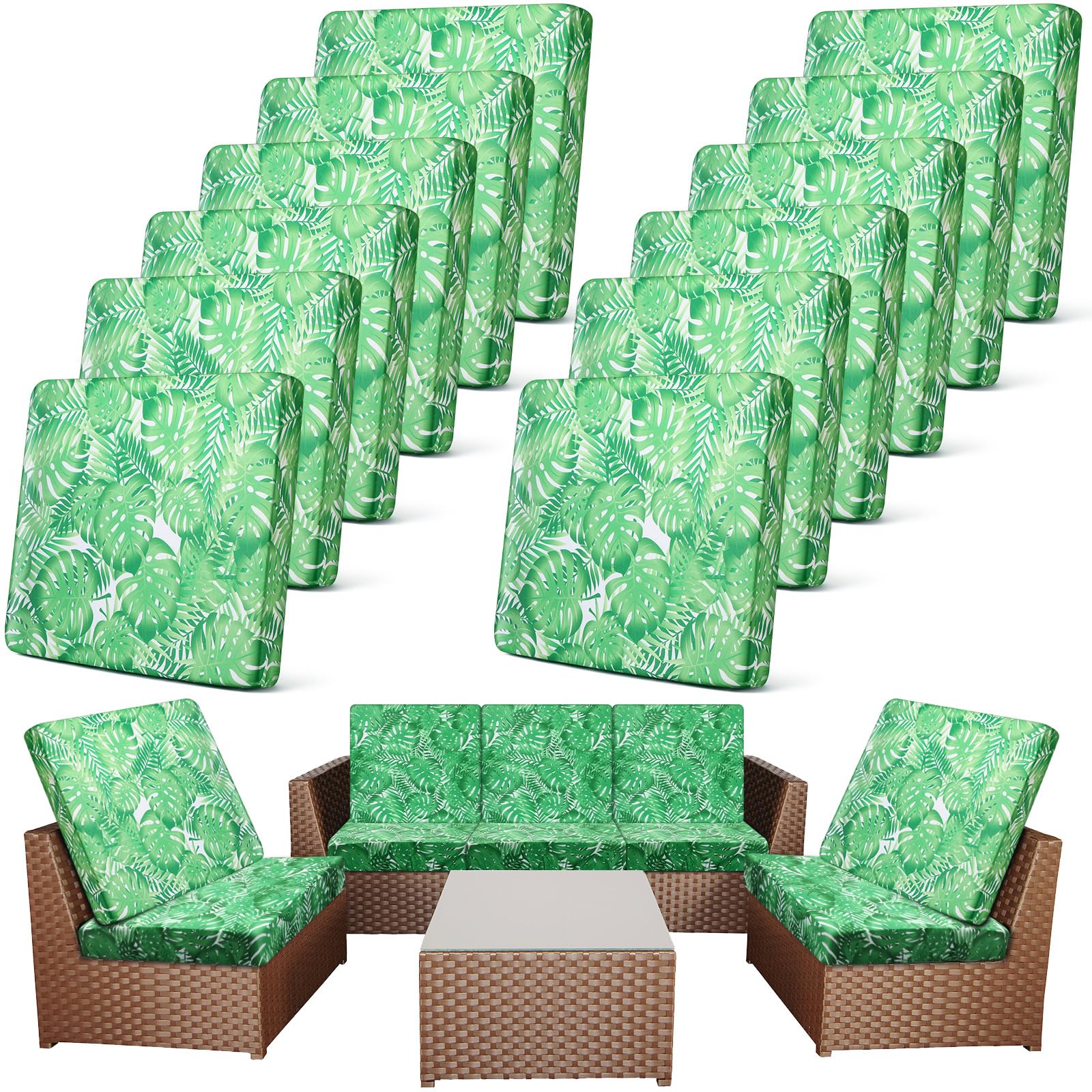 Newwiee 12 Pcs Patio Cushion Covers Outdoor Stretch Sofa Couch Cover Replacement Couch Slipcover Sofa Seat Chair Porch Patio Furniture Protector, Flexibility Washable(Colorful,Palm Leaf)