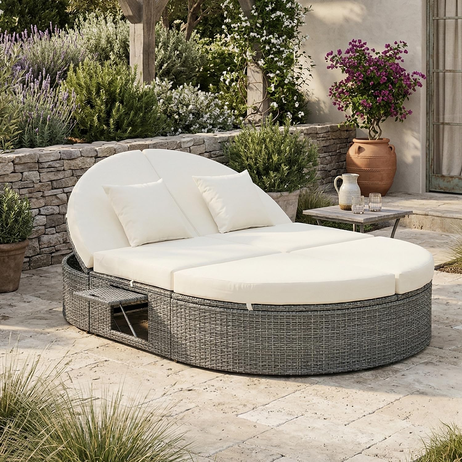 SoarFlash Outdoor Patio Canopy Bed, Round Daybed with Washable Cushions, Clamshell Sectional Seating Wicker Furniture with Retractable Canopy for Lawn Garden Backyard Porch Pool (Beige)