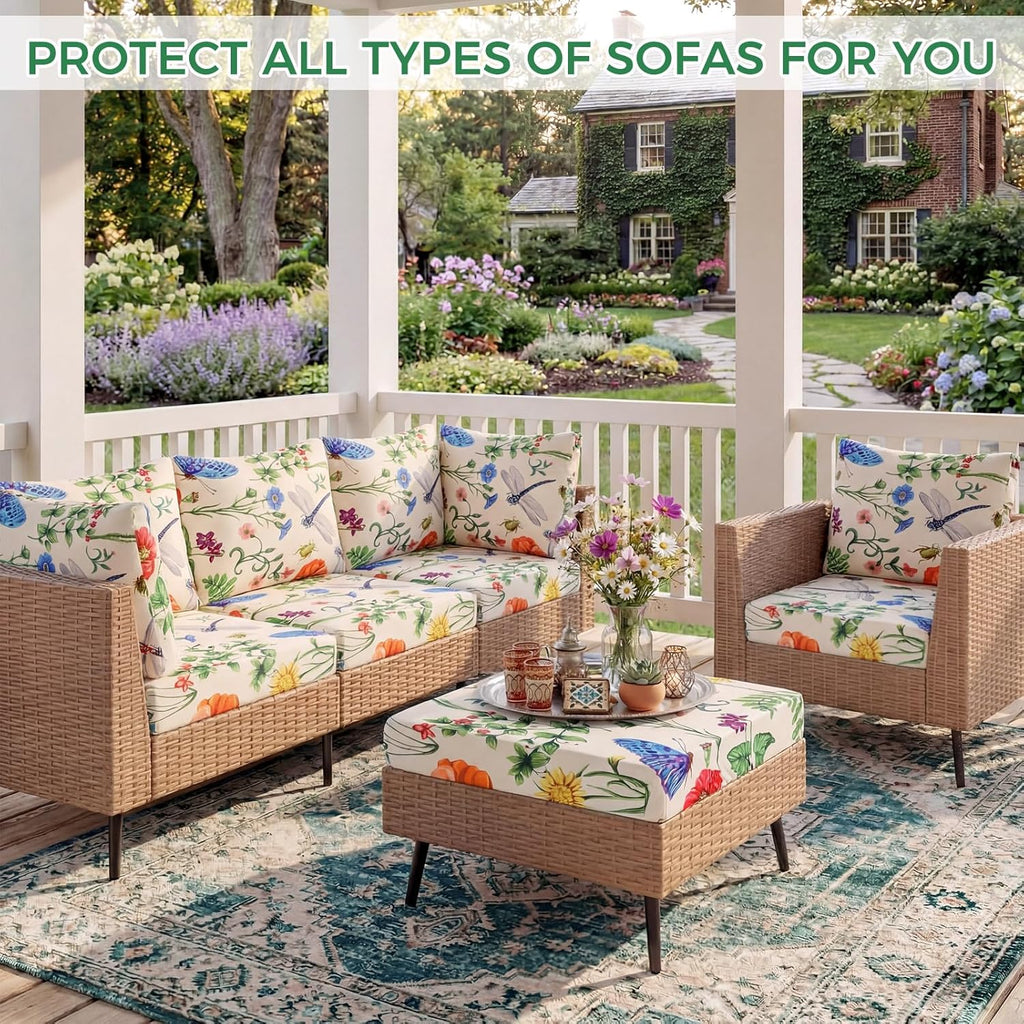 Mindsoft 8 Pcs Printed Cushion Cover for Outdoor Stretch Floral Sofa Couch Cushion Replacement Washable Farmhouse Seat Covers with Elastic for Furniture Chair Bottom