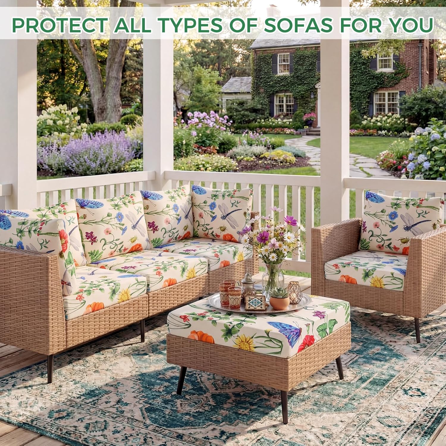 Mindsoft 8 Pcs Printed Cushion Cover for Outdoor Stretch Floral Sofa Couch Cushion Replacement Washable Farmhouse Seat Covers with Elastic for Furniture Chair Bottom