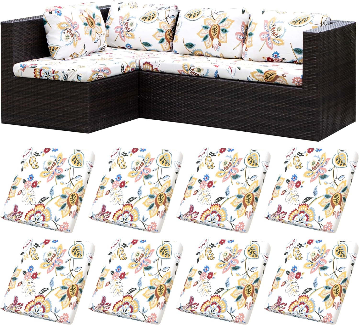 BIETYONE 8Pcs Stretch Patio Cushion Covers,Outdoor Couch Covers Replacement,Outdoor Couch & Sofa Slipcovers,for Patio Furniture Cushion Covers,Washable Reusable Furniture Protector (Vivid, Cover Only)
