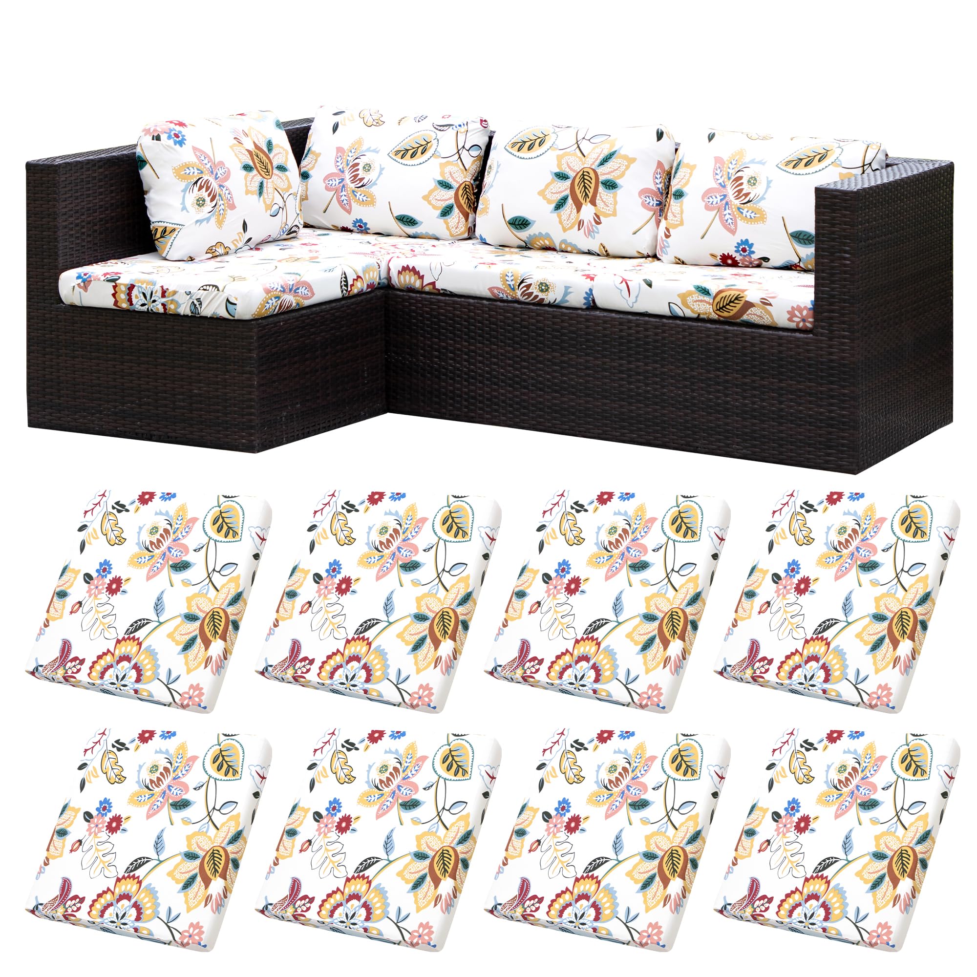 BIETYONE 8Pcs Stretch Patio Cushion Covers,Outdoor Couch Covers Replacement,Outdoor Couch & Sofa Slipcovers,for Patio Furniture Cushion Covers,Washable Reusable Furniture Protector (Vivid, Cover Only)