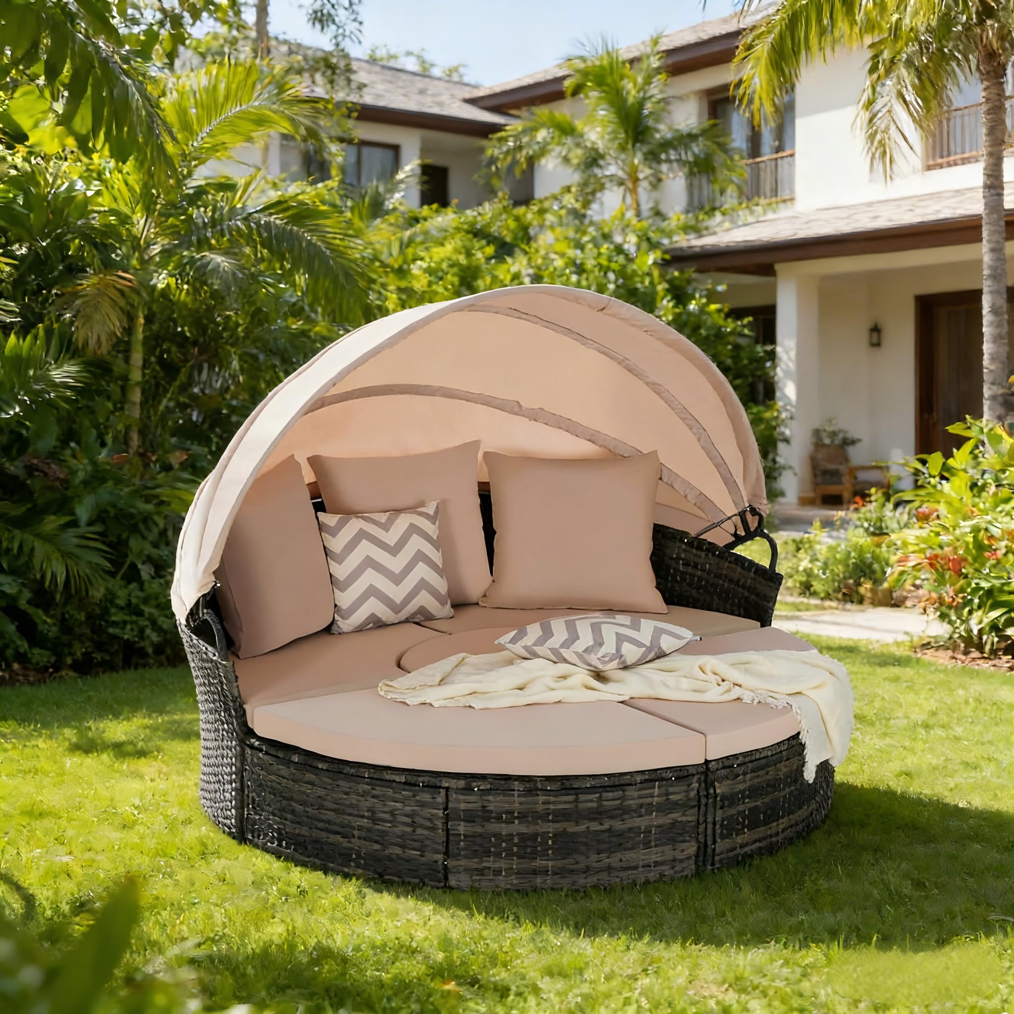 Patio Furniture Outdoor Round Daybed Bed Daybeds with Retractable Canopy, Storable Table, 3 Pillows PatioBed Sun Porch Wicker Rattan Separated Seating Sectional Sofa for Garden Poolside Dark Gray