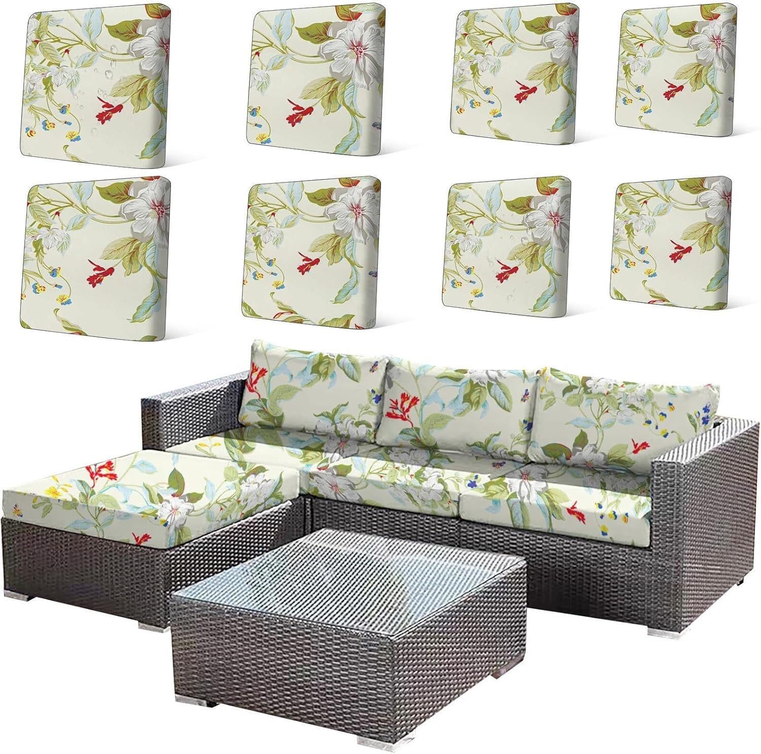 8Pcs Patio Cushion Covers, Stretch Outdoor Couch Cover, Replacement Cushions for Outdoor Furniture, Waterproof Removable, Suitable for Terrace, Garden(B:Spring Floral)