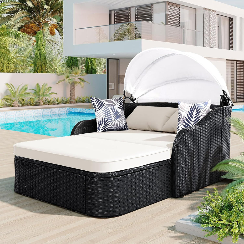 2-Person Wicker Chaise Lounge with Canopy & Pillows, Beige&Black, Outdoor Patio Sunbed