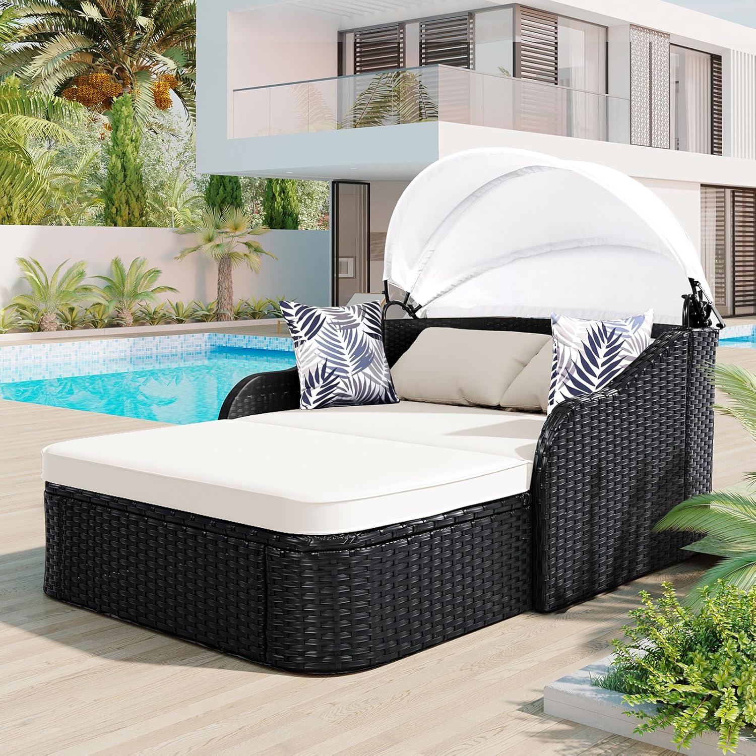 2-Person Wicker Chaise Lounge with Canopy & Pillows, Beige&Black, Outdoor Patio Sunbed