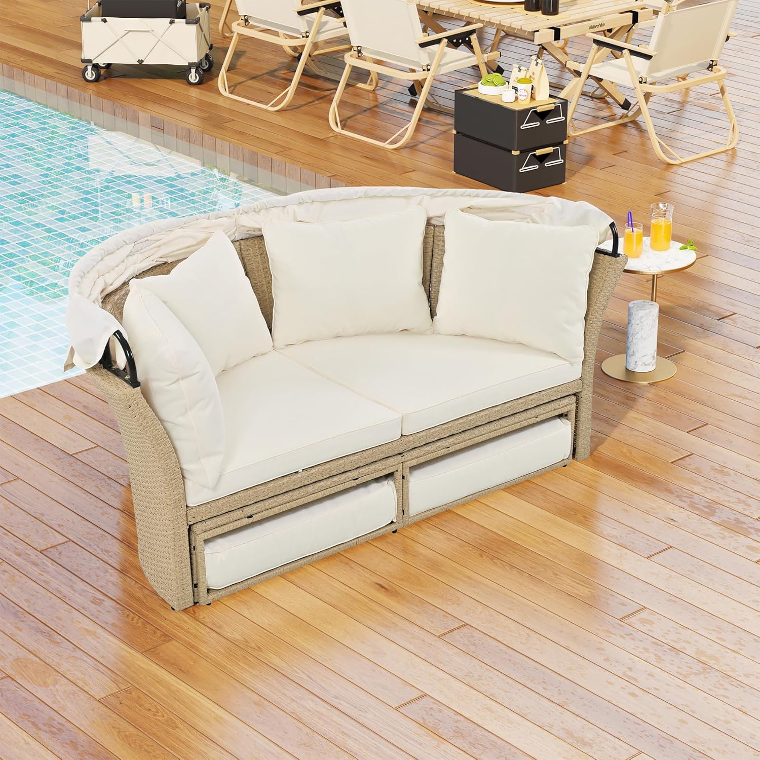 WILLIAMSPACE Round Outdoor Daybed Patio Sunbed with Retractable Canopy, Convertible Wicker Rattan Double Daybed Sofa with Waterproof Cushions & Pillows for Garden Backyard Porch (Beige)