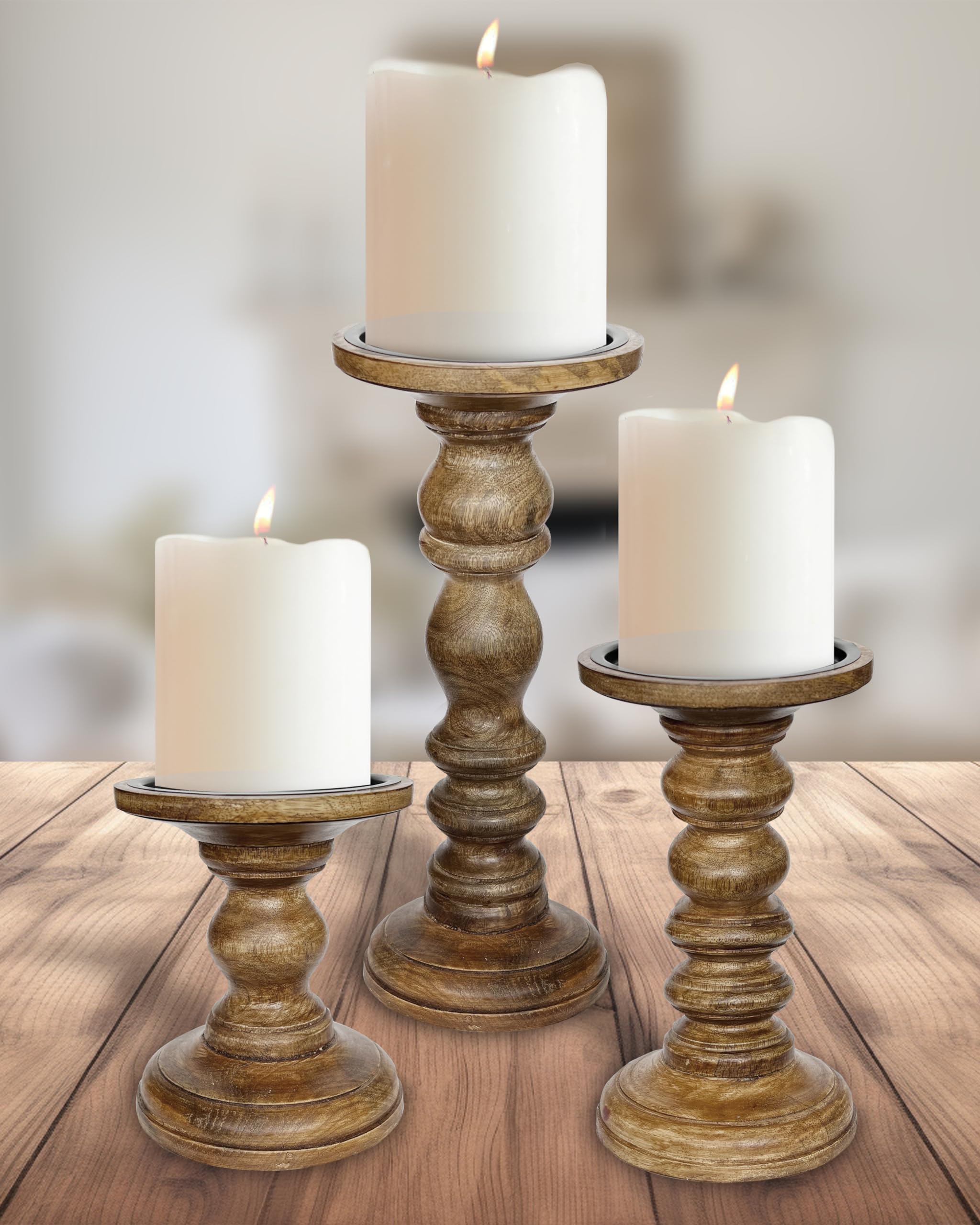 Large Candle Holders for Pillar Candles (3 Piece Set) Tall Rustic Wood Farmhouse Pillar Candlestick Stands - Fits 4 inch inch Wide Pillar Candles - Modern Candle Holder Decor (Antique White)