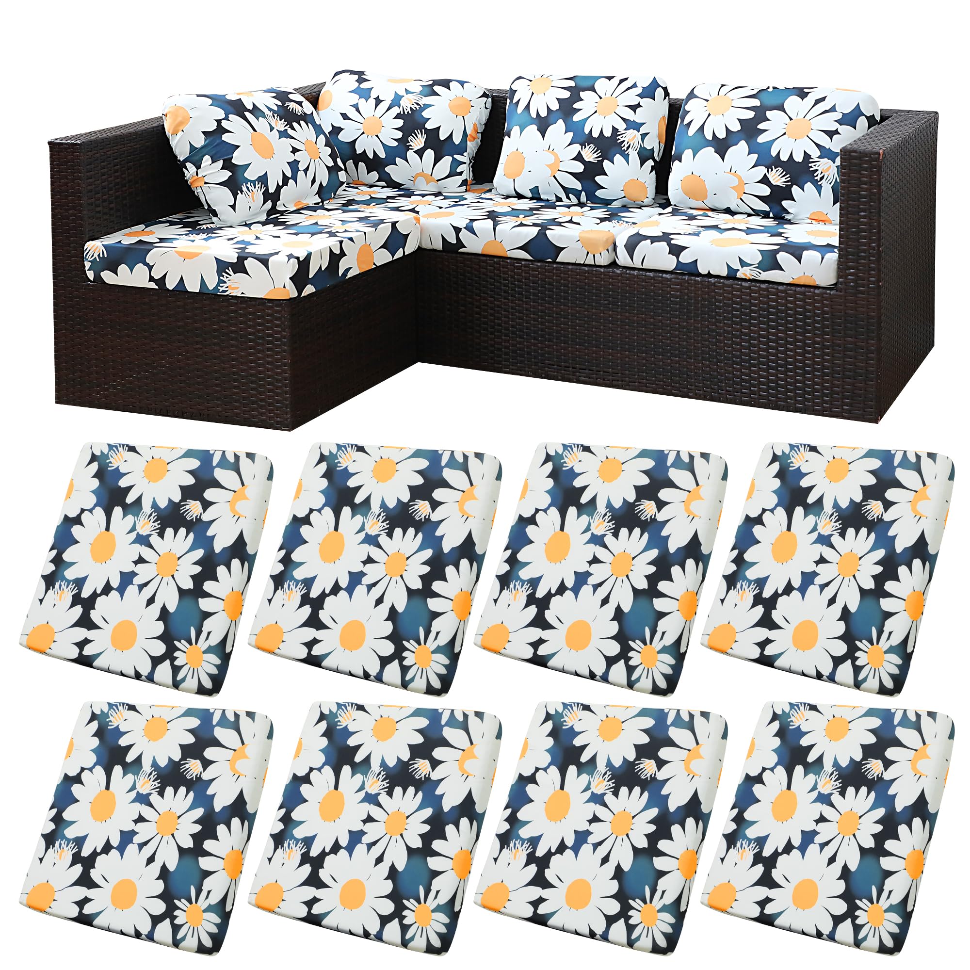 BIETYONE 8Pcs Stretch Patio Cushion Covers,Outdoor Couch Covers Replacement,Outdoor Couch & Sofa Slipcovers,for Patio Furniture Cushion Covers,Washable Reusable Furniture Protector (Vivid, Cover Only)