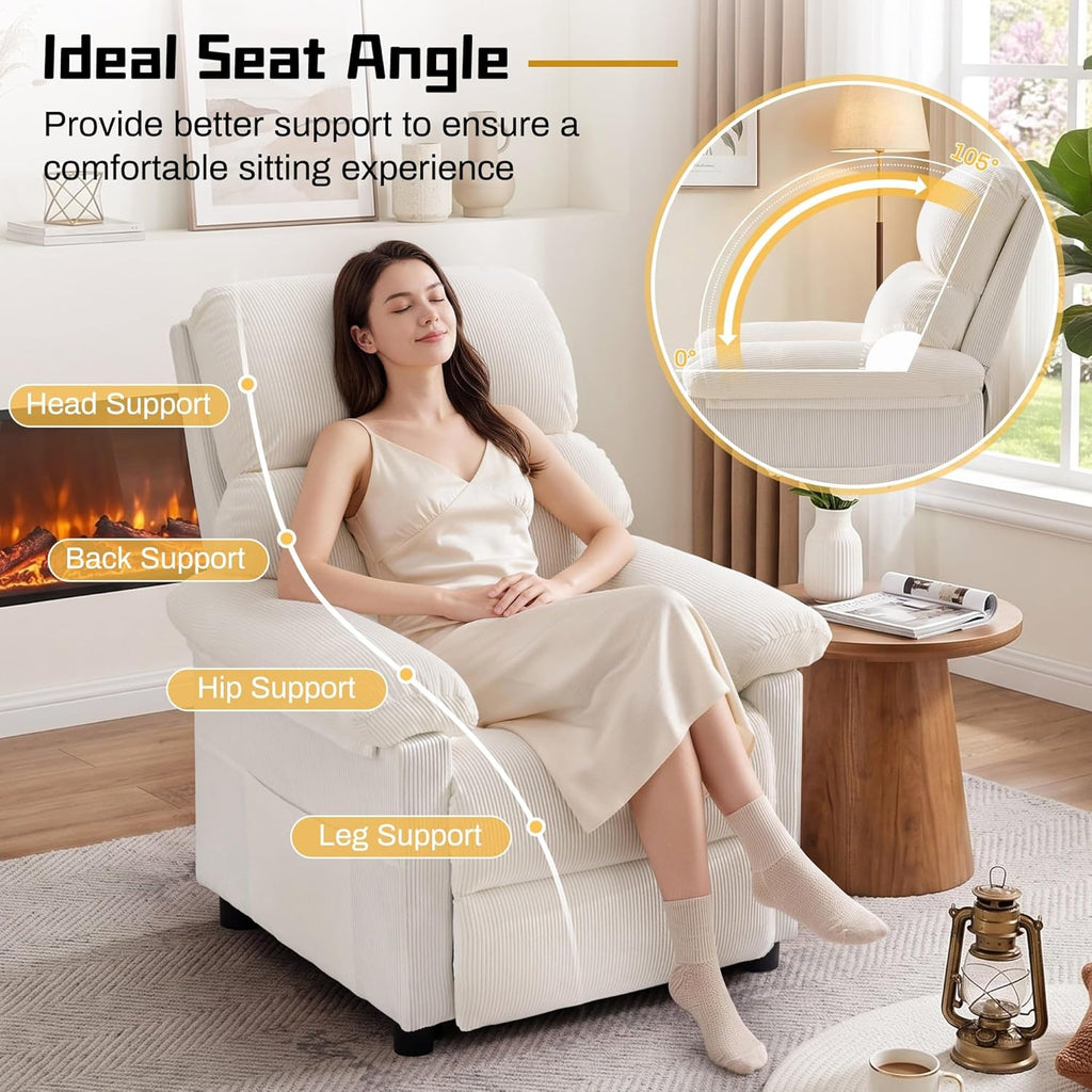 Korser Recliner Chair, Living Room Recliner Chairs for Adults, Small Recliners for Small Spaces, Upholstered Manual Reading Chair with Side Pockets, Nursery Chair for Living Room, Corduroy, Beige