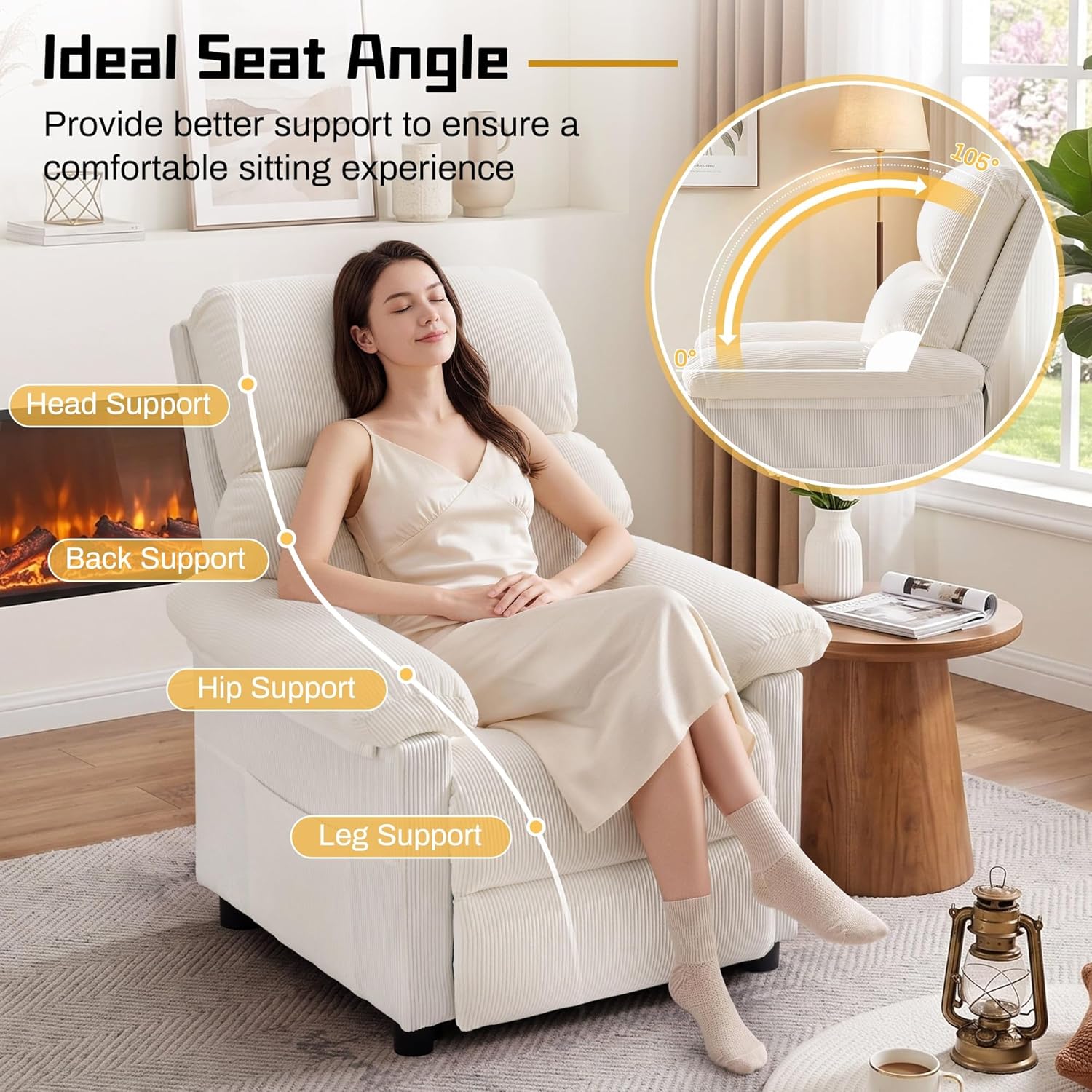Korser Recliner Chair, Living Room Recliner Chairs for Adults, Small Recliners for Small Spaces, Upholstered Manual Reading Chair with Side Pockets, Nursery Chair for Living Room, Corduroy, Beige