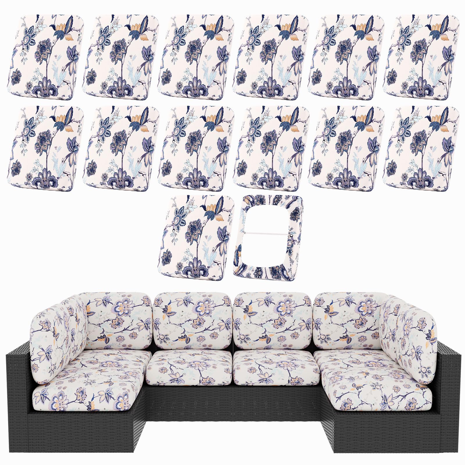 hyha 8Pcs Patio Cushion Covers, Stretch Outdoor Couch Cushion Covers Replacement, Washable Outdoor Chair/Sofa Slipcovers for Patio Furniture Cushions Protector with Elastic Bottom(Floral,Cover Only)