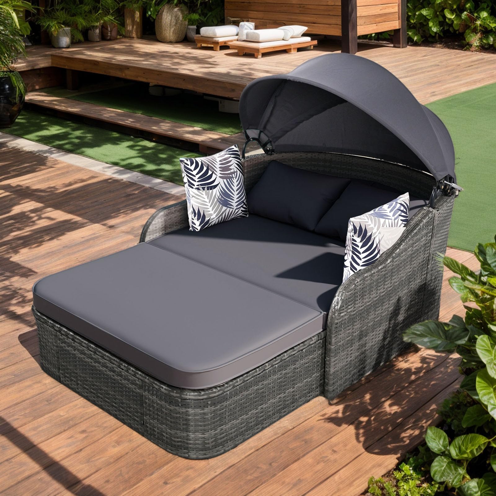 Anwick Outdoor Daybed with Adjustable Canopy, Double Chaise Lounge, PE Wicker Rattan Sunbed with Cushions & Pillows, Patio Loveseat for Backyard Balcony Poolside (Beige+Black)