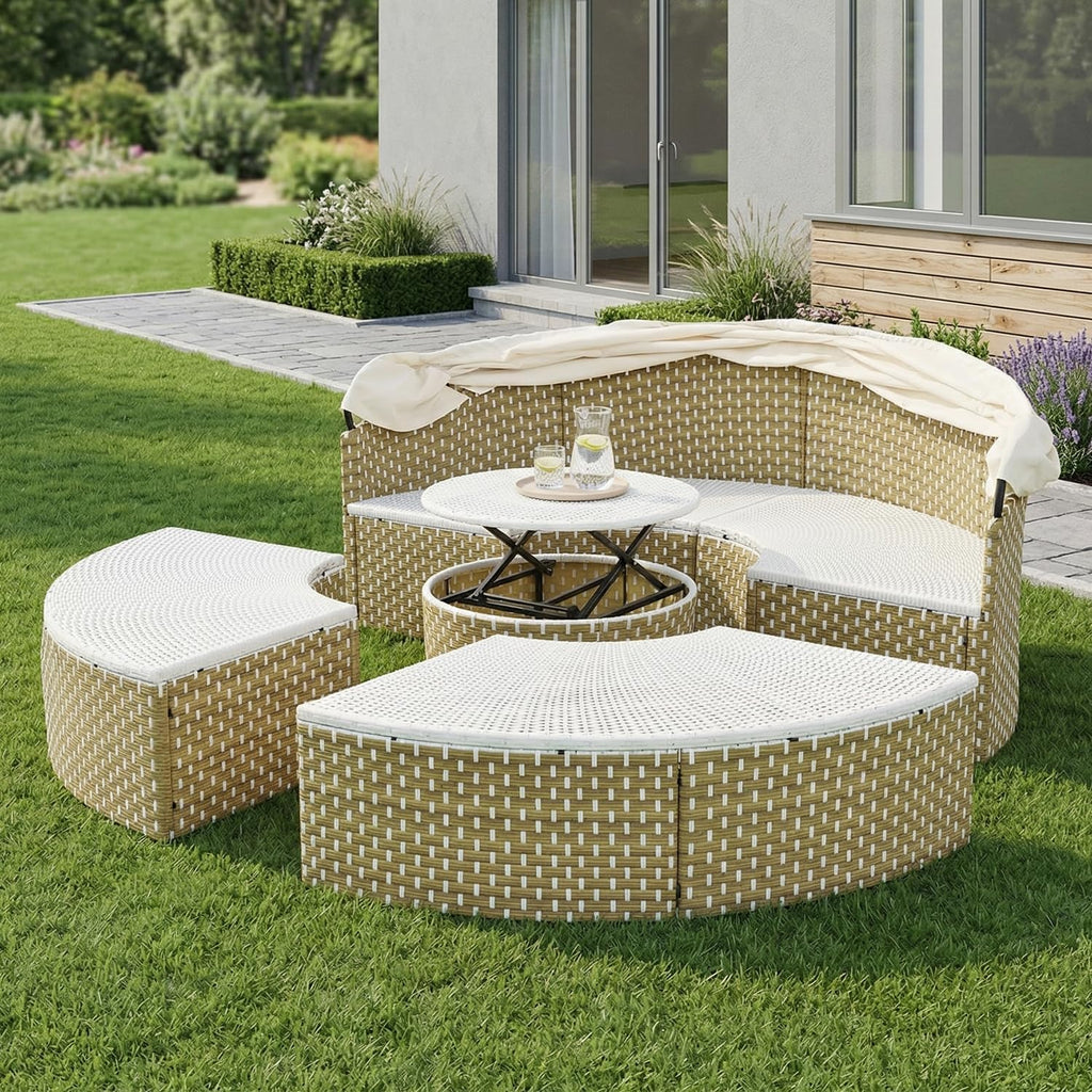 SoarFlash Outdoor Patio Canopy Bed, Round Daybed with Washable Cushions, Clamshell Sectional Seating Wicker Furniture with Retractable Canopy for Lawn Garden Backyard Porch Pool (Beige)
