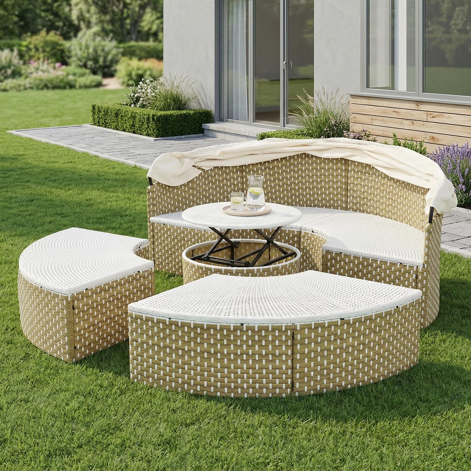 SoarFlash Outdoor Patio Canopy Bed, Round Daybed with Washable Cushions, Clamshell Sectional Seating Wicker Furniture with Retractable Canopy for Lawn Garden Backyard Porch Pool (Beige)