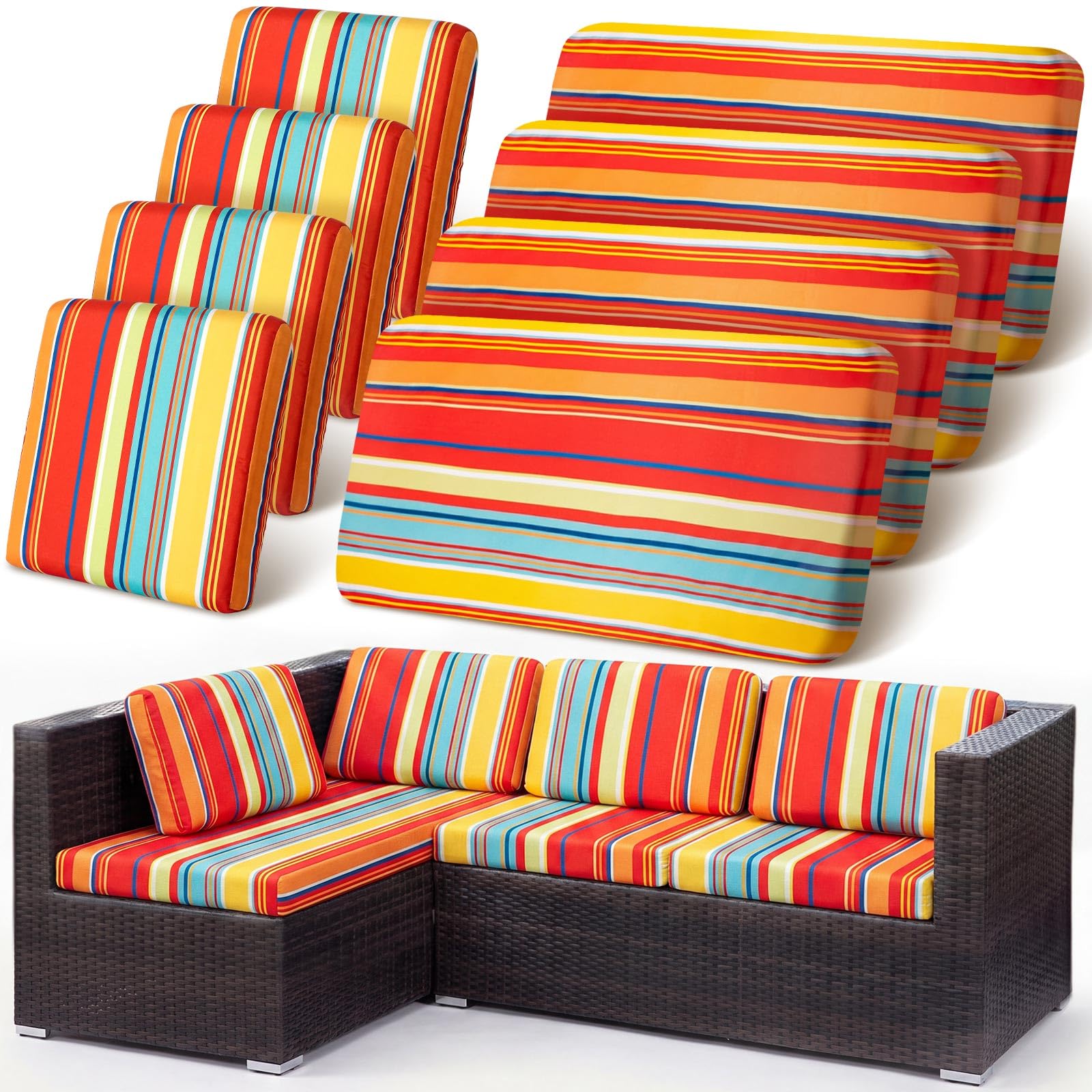 Geyoga 8 Pcs Patio Stretch Sofa Cushion Covers Outdoor Cushion Covers Replacement Waterproof Patio Furniture Couch Slipcovers Washable Chair Seat Soft Flexibility Protector, Rainbow Stripes Style
