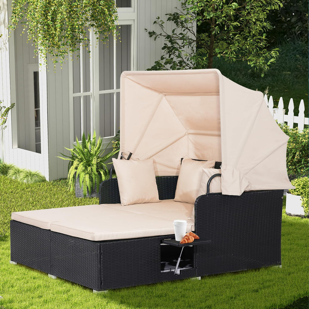 COSTWAY Outdoor Daybed with Retractable Canopy, Wicker Patio Furniture Set with Cushioned Pillows, Patio Rattan Daybed for Deck, Backyard, Poolside (Turquoise)