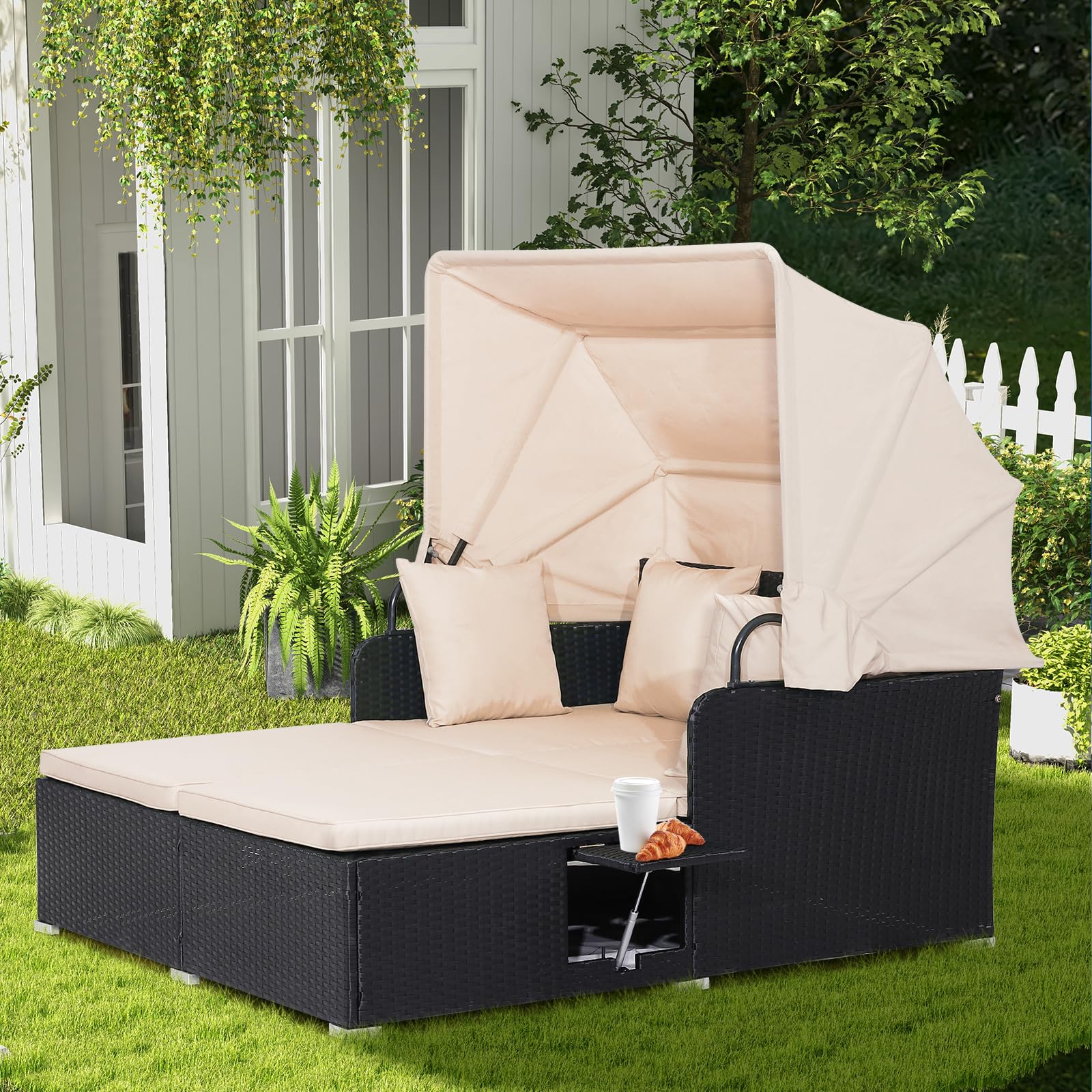 COSTWAY Outdoor Daybed with Retractable Canopy, Wicker Patio Furniture Set with Cushioned Pillows, Patio Rattan Daybed for Deck, Backyard, Poolside (Turquoise)