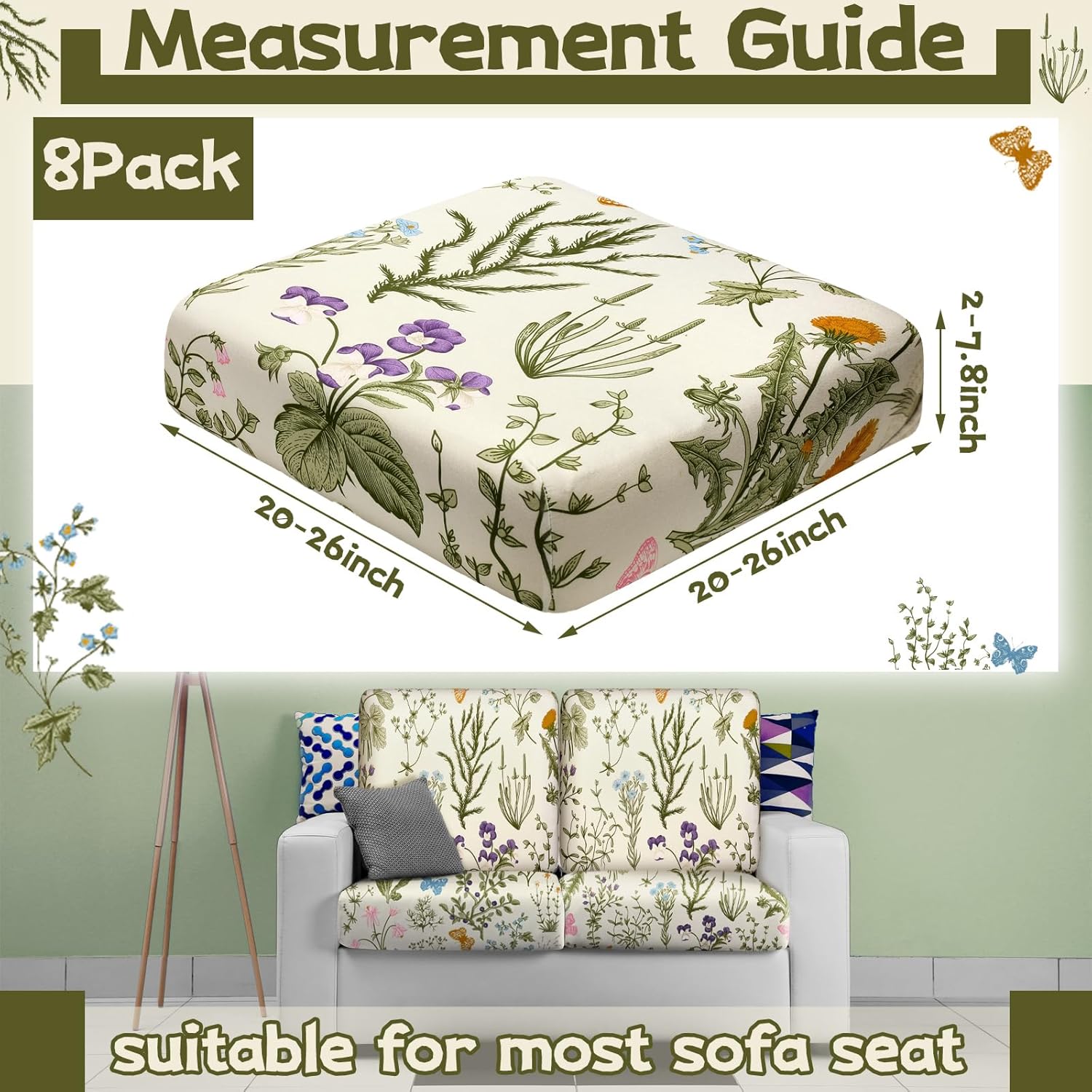 Hosuly 8 Pcs Spring Wildflower Sofa Cushion Cover for Patio Summer Floral Stretch Outdoor Sofa Seat Cushions Covers Tropical Flower Indoor Replacement Couch Slipcover Flexibility Chair Seat Cover
