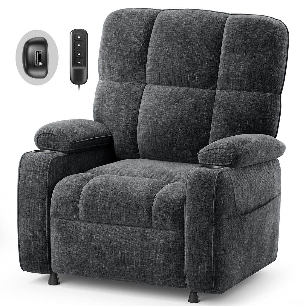 AMADA HOMEFURNISHING Power Recliner Chair for Adults, One-Touch Synchronized Electric Recliner with USB Ports, Cup Holder & Side Pockets, Thick Seat Cushion, Chenille, Living Room & Bedroom
