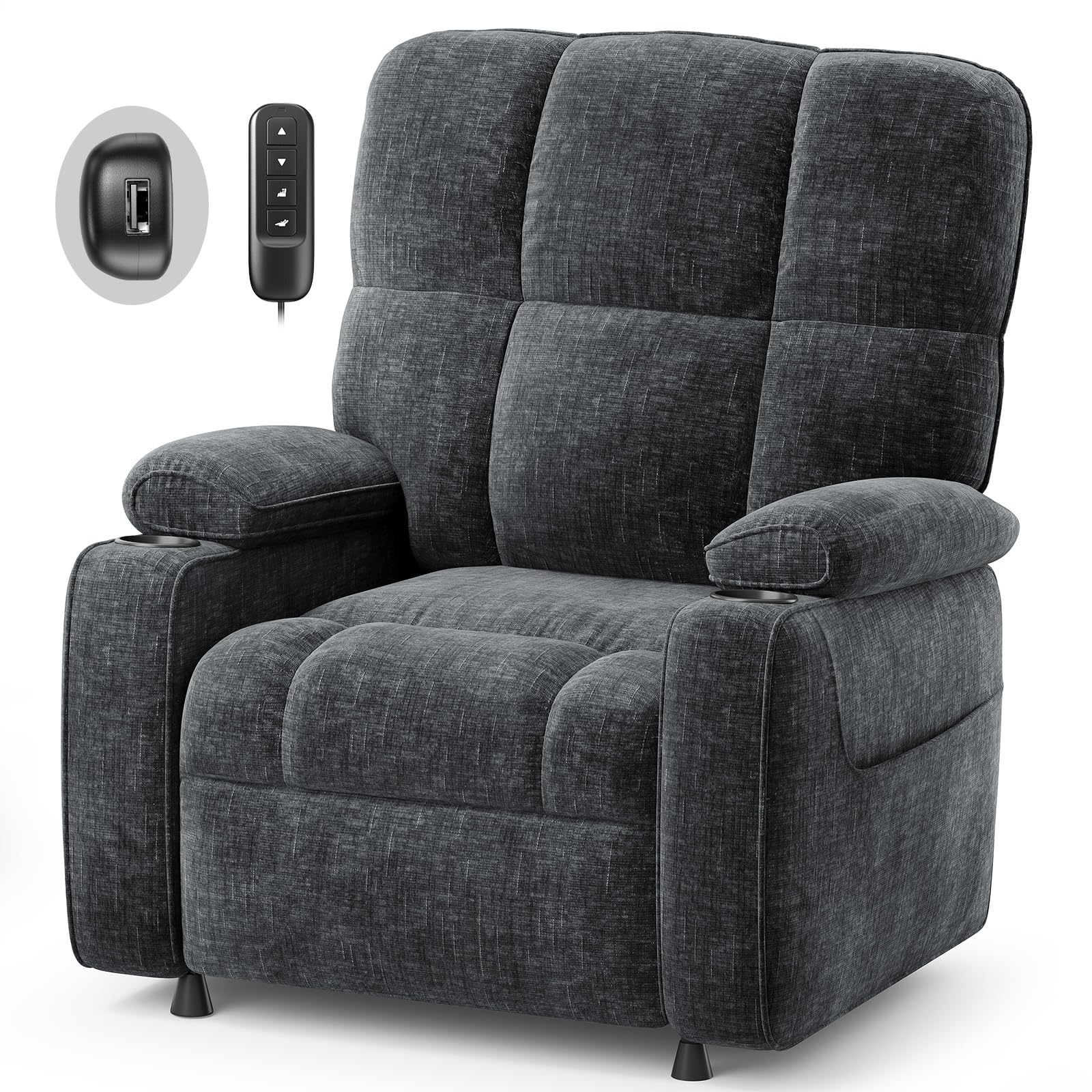 AMADA HOMEFURNISHING Power Recliner Chair for Adults, One-Touch Synchronized Electric Recliner with USB Ports, Cup Holder & Side Pockets, Thick Seat Cushion, Chenille, Living Room & Bedroom